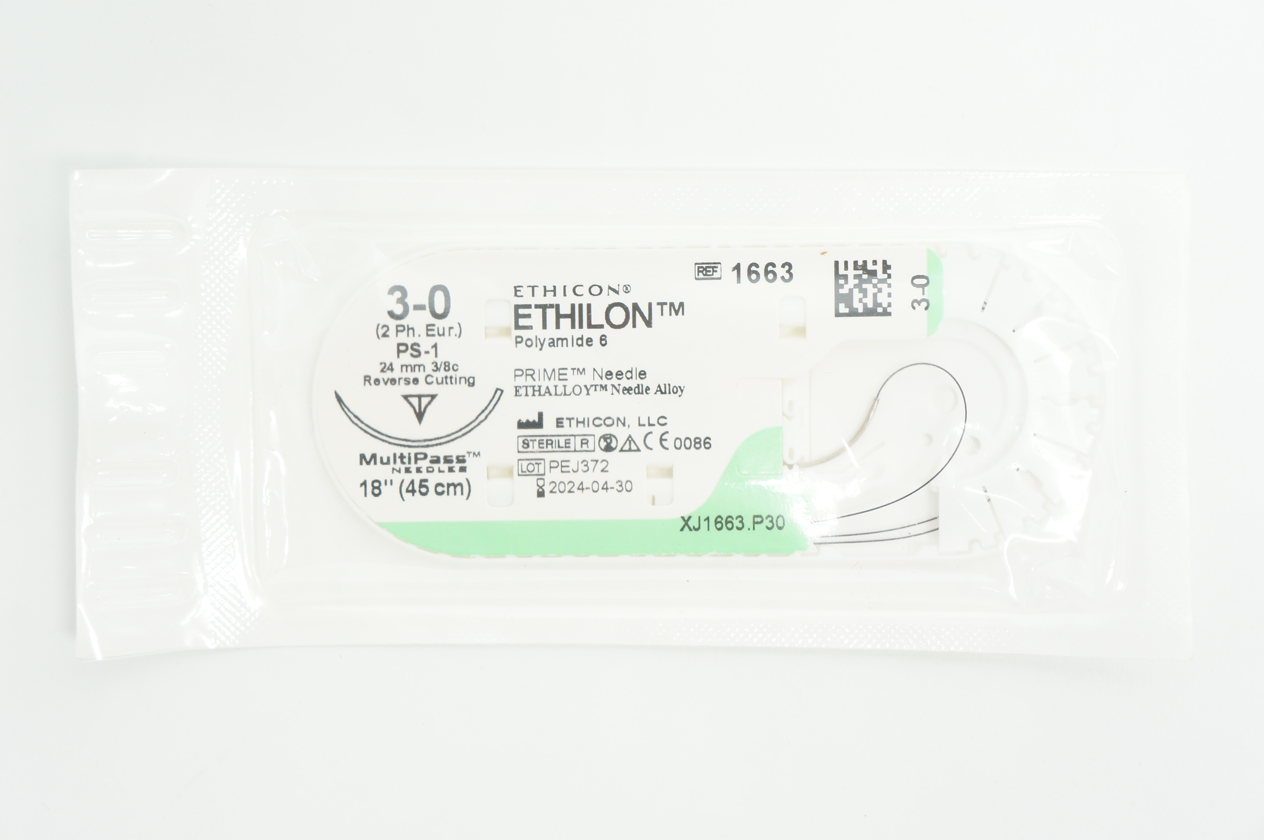 Ethicon 1663 3-0 ETHILON PS-1, 24mm 3/8c Reverse Cutting, 18inch