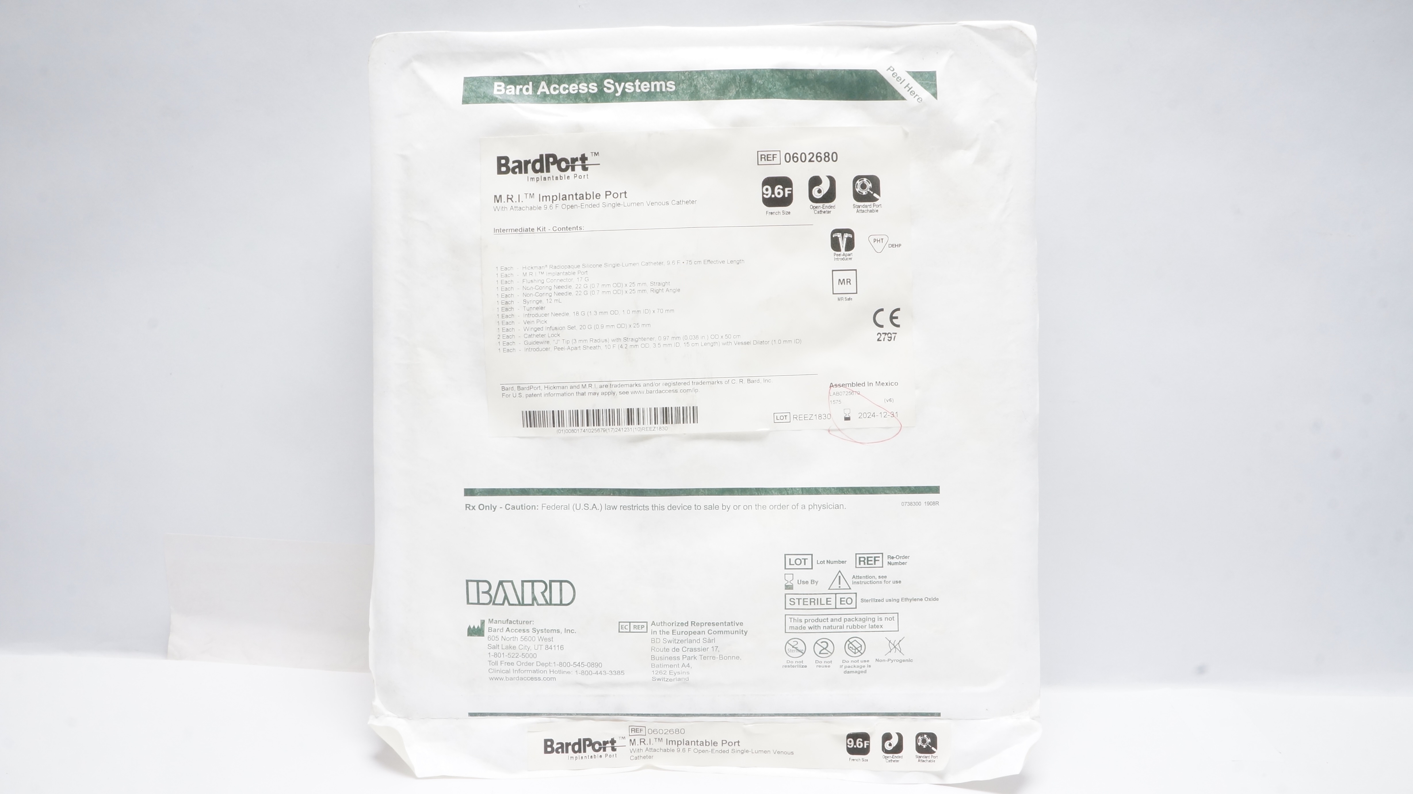 Bard 0602680 M.R.I. Implantable Port with Attachable Cath. 9.6F x 75cm (x)