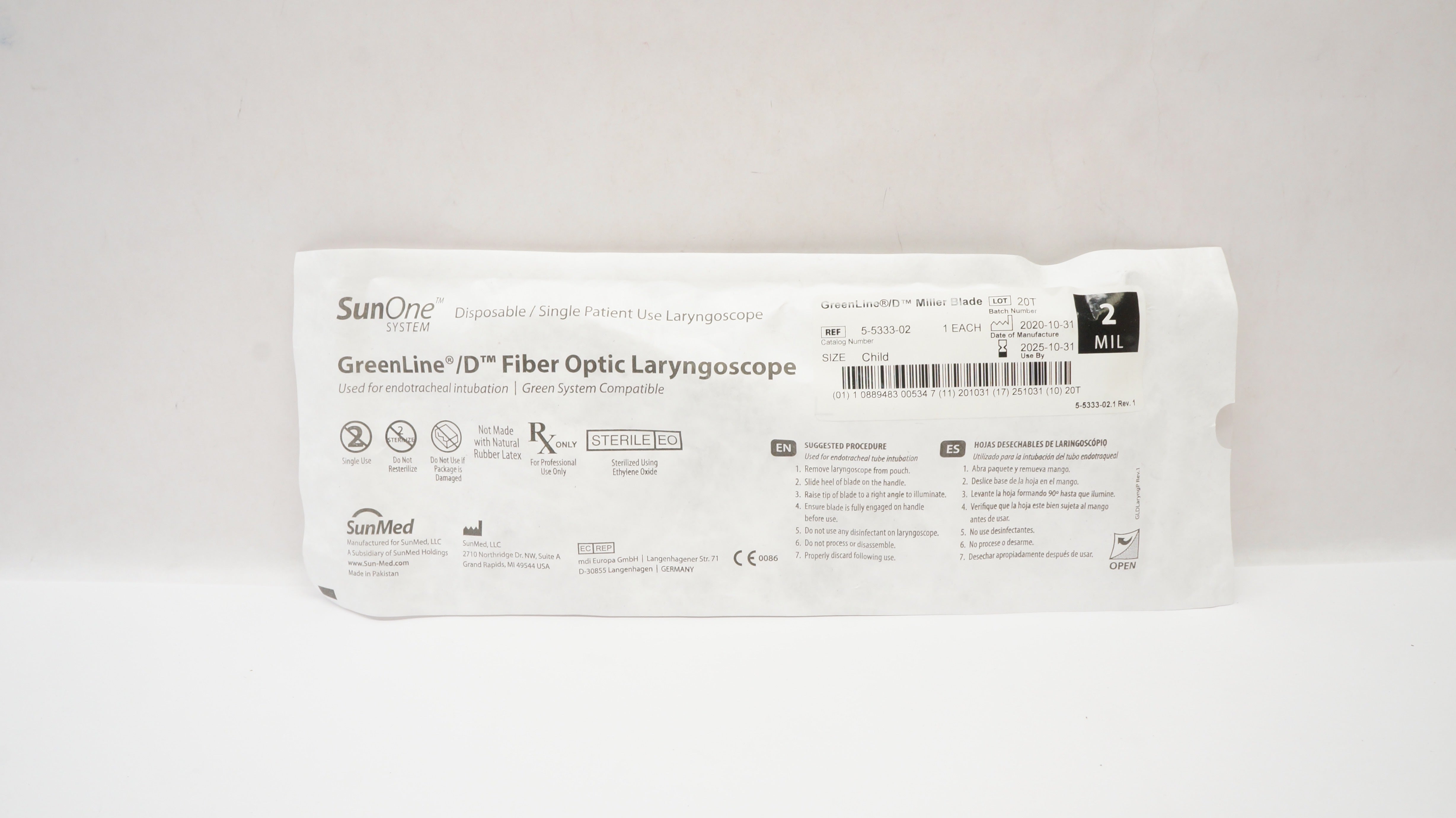 SunMed 5-5333-02 GreenLine D Fiber Optic Laryngoscope Miller Blade, Size 2MIL