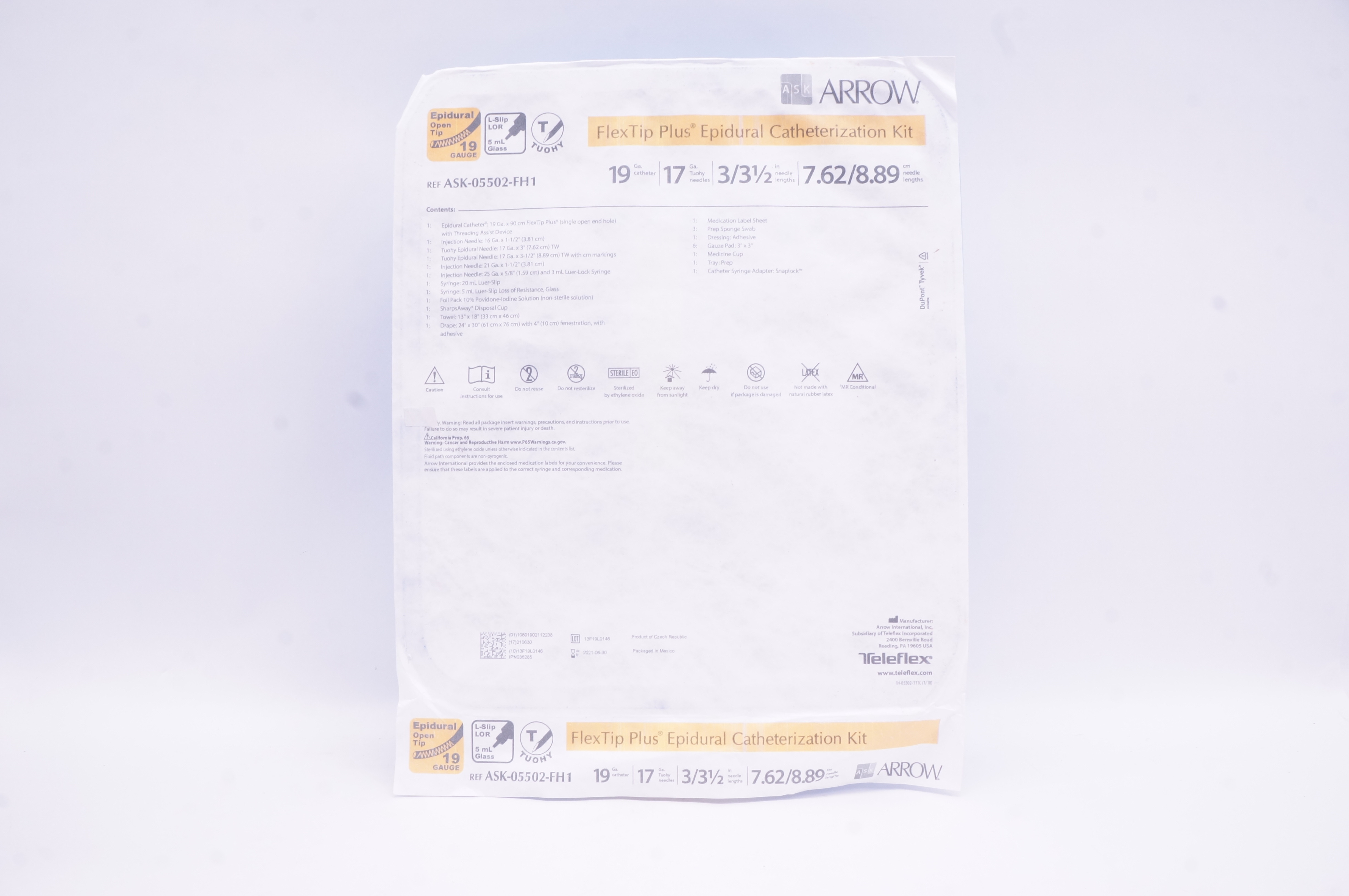 Arrow ASK-05502-FH1 Teleflex FlexTip Plus Epidural Cath. Kit 19Ga x 8.89cm (x)