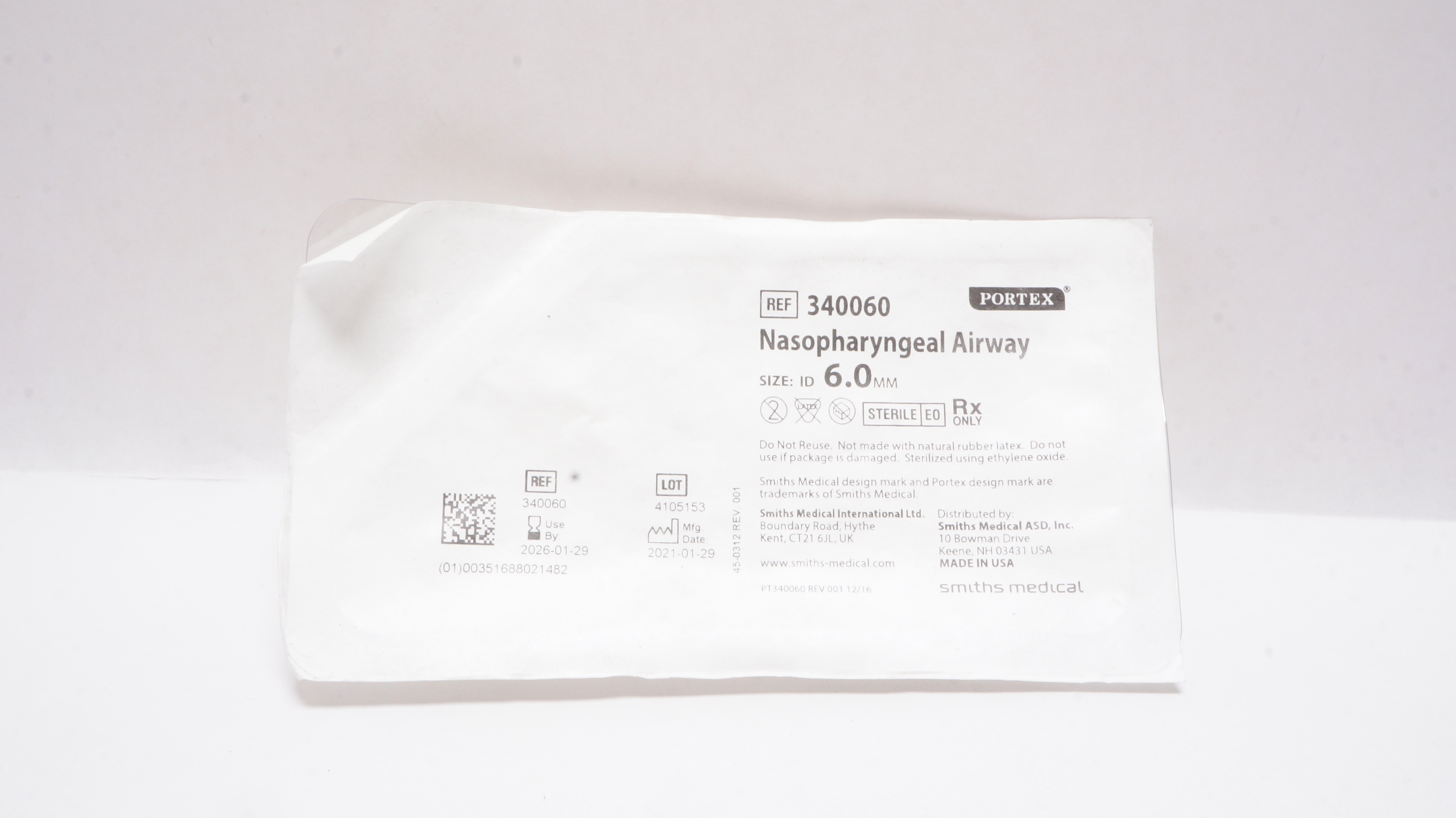 Smiths Medical 340060 Portex Nasopharyngeal Airway 6.0mm I.D.