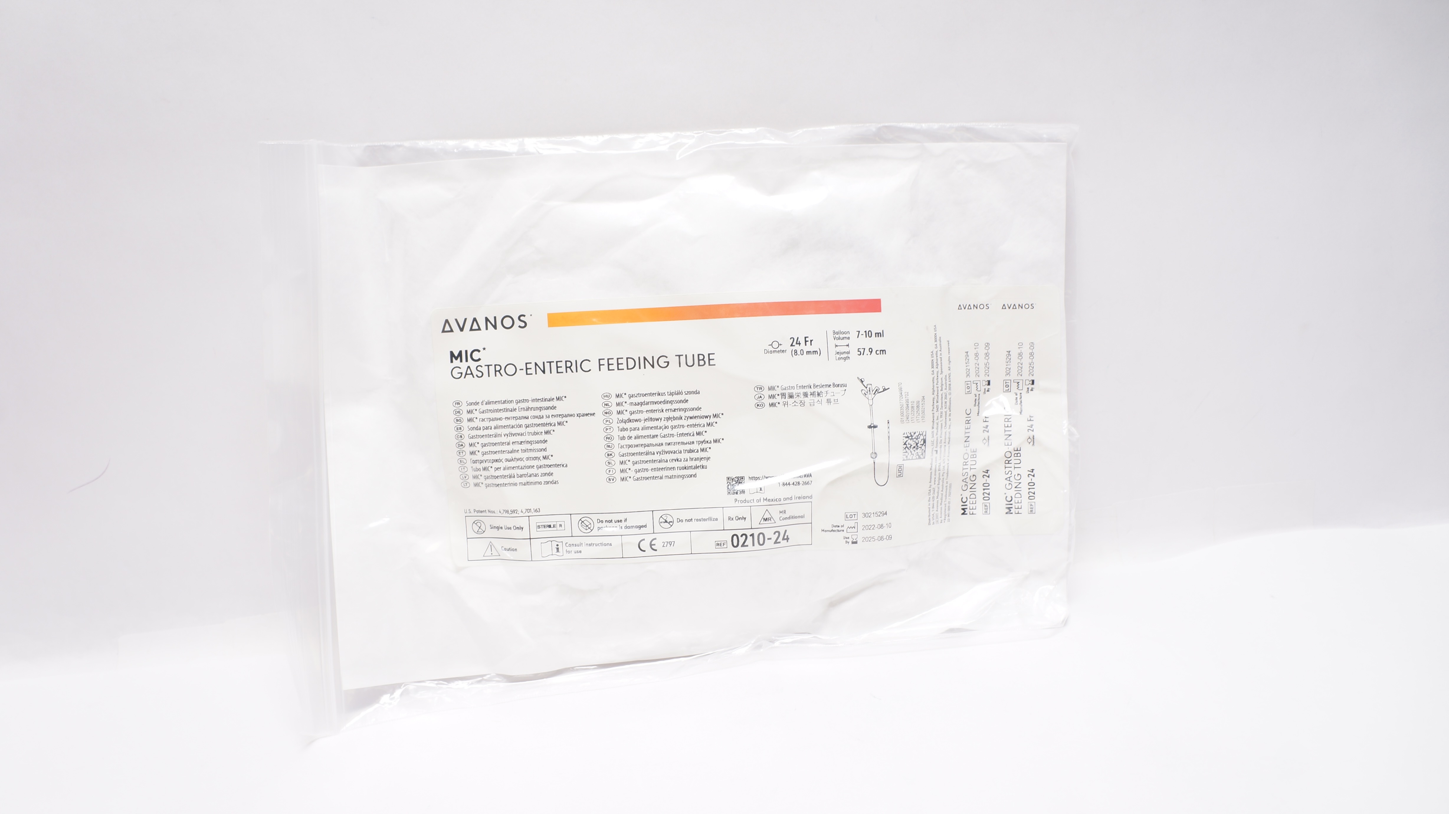 Avanos 0210-24 Mic Gastro-Enteric Feeding Tube 24Fr x 57.9cm 7-10ml
