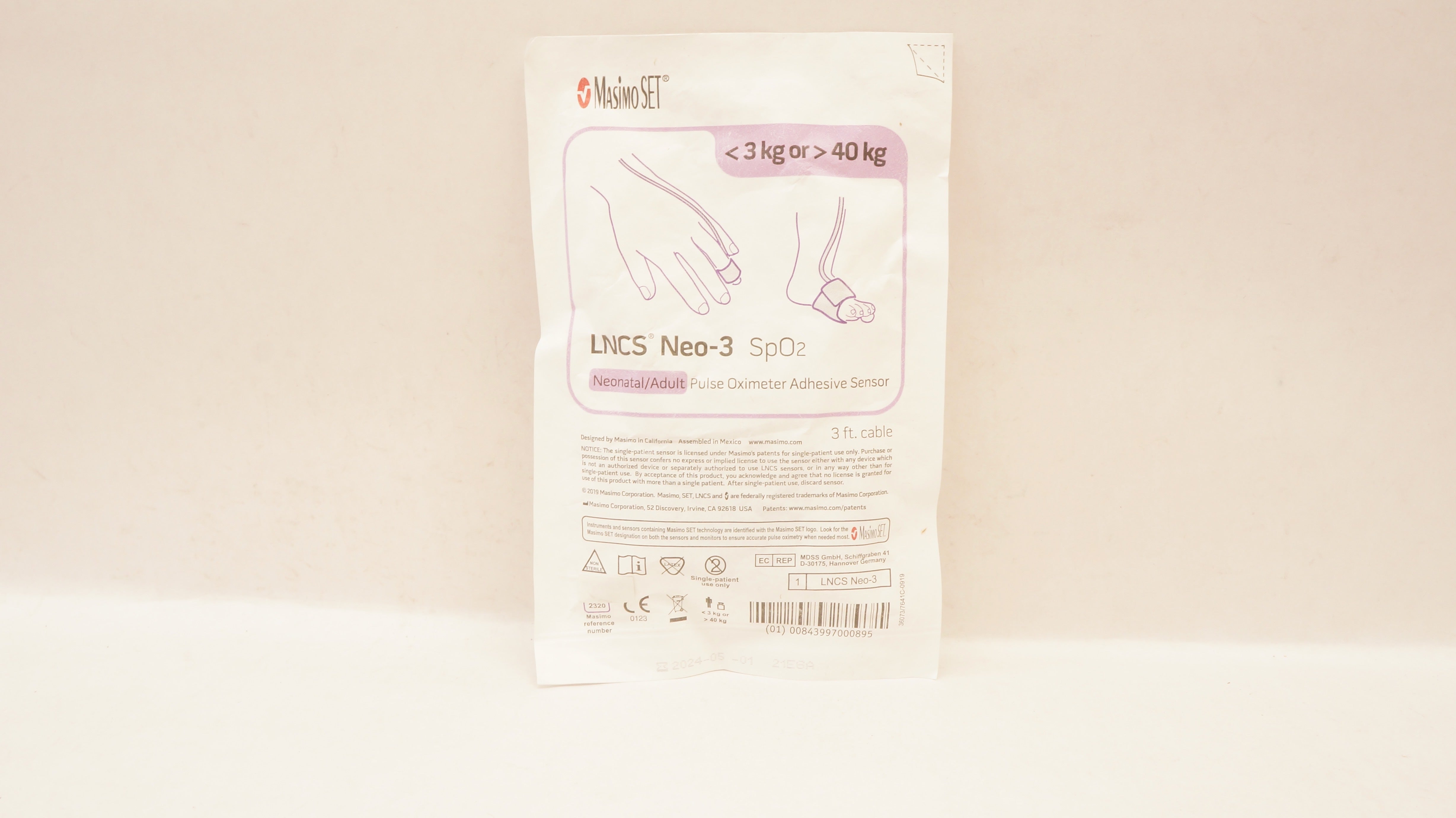 MasimoSet 2320 LNCS Neo-3 SpO2 Pulse Oximeter Adhesive Sensor <3 or >40kg