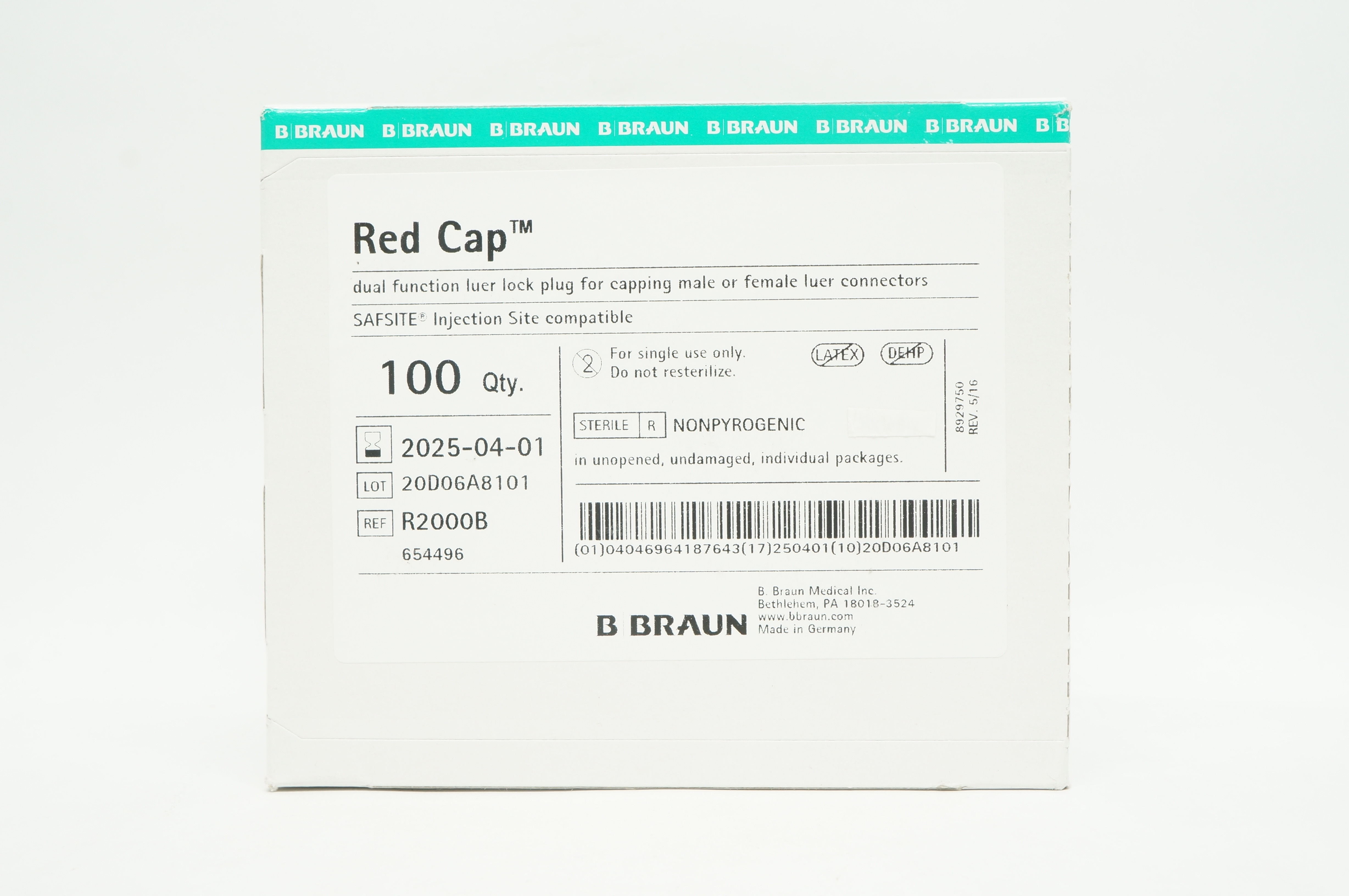 Braun R2000B Red Cap Dual Function Luer Lock Plug - Box of 100