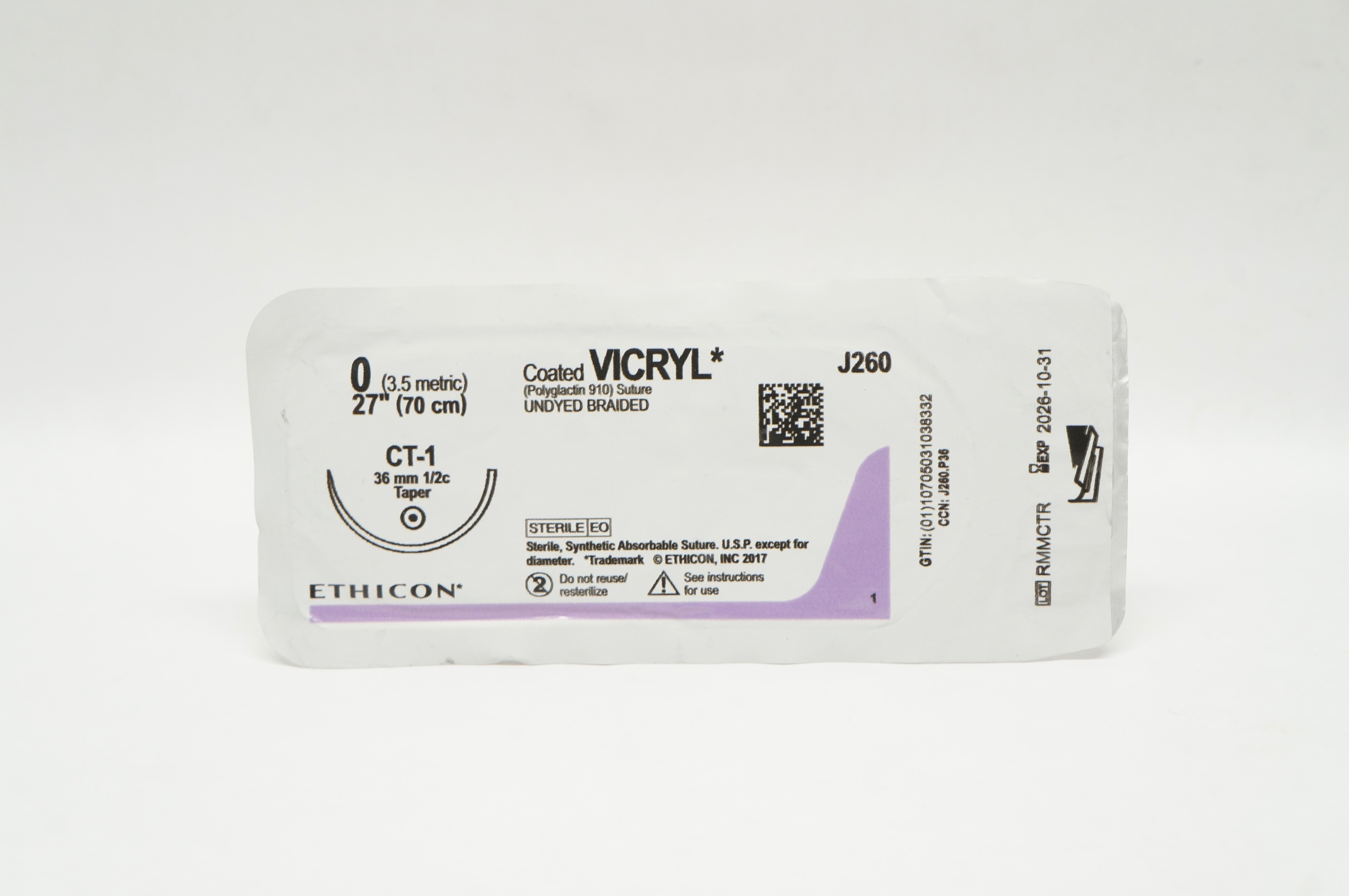 Ethicon J260 0 Coated VICRYL Polyglactin 910 Stre CT-1 36mm 1/2c Taper, 27inch
