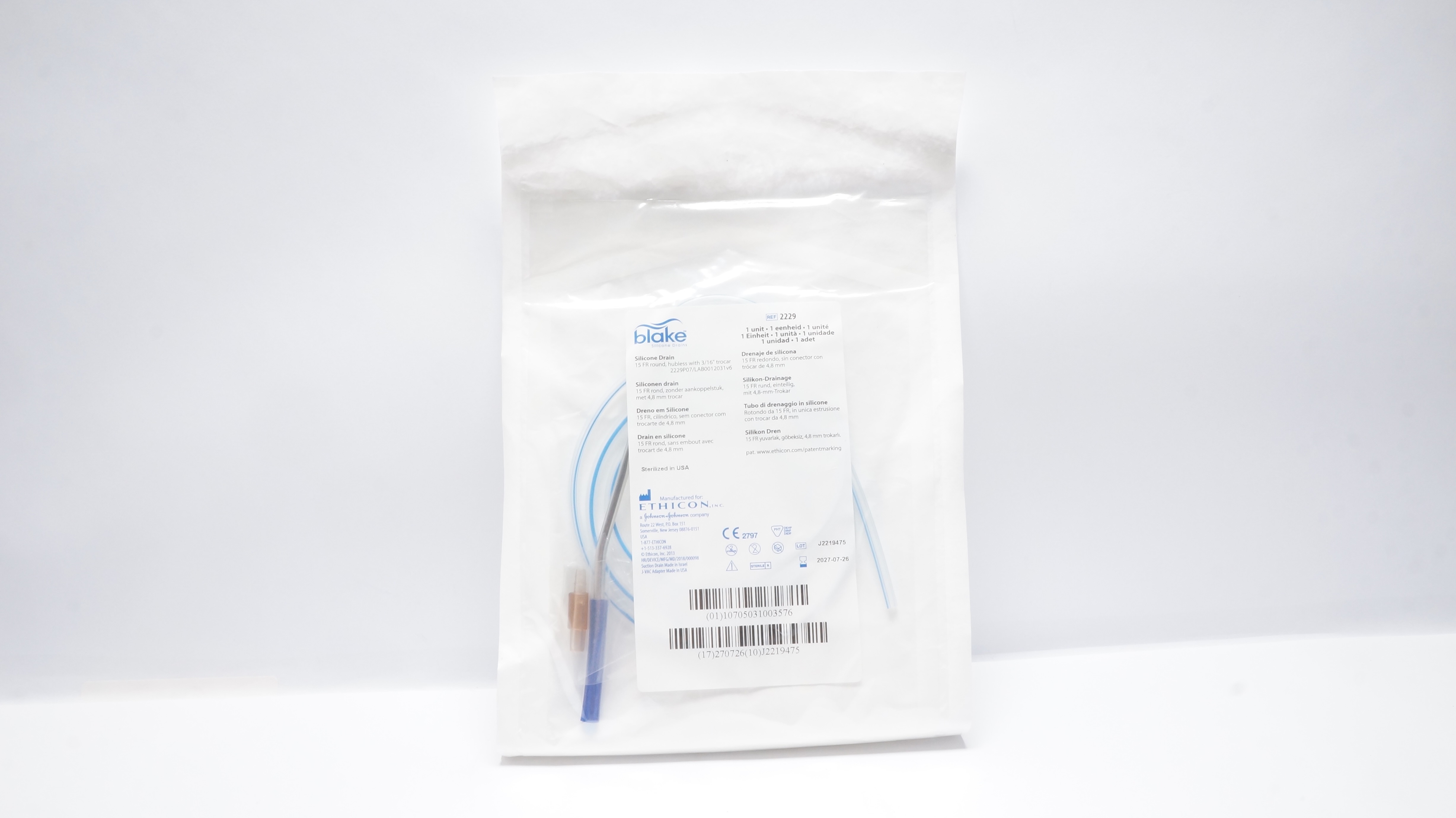 Ethicon 2229 Blake Round Hubless Silicone Drains 15 Fr.