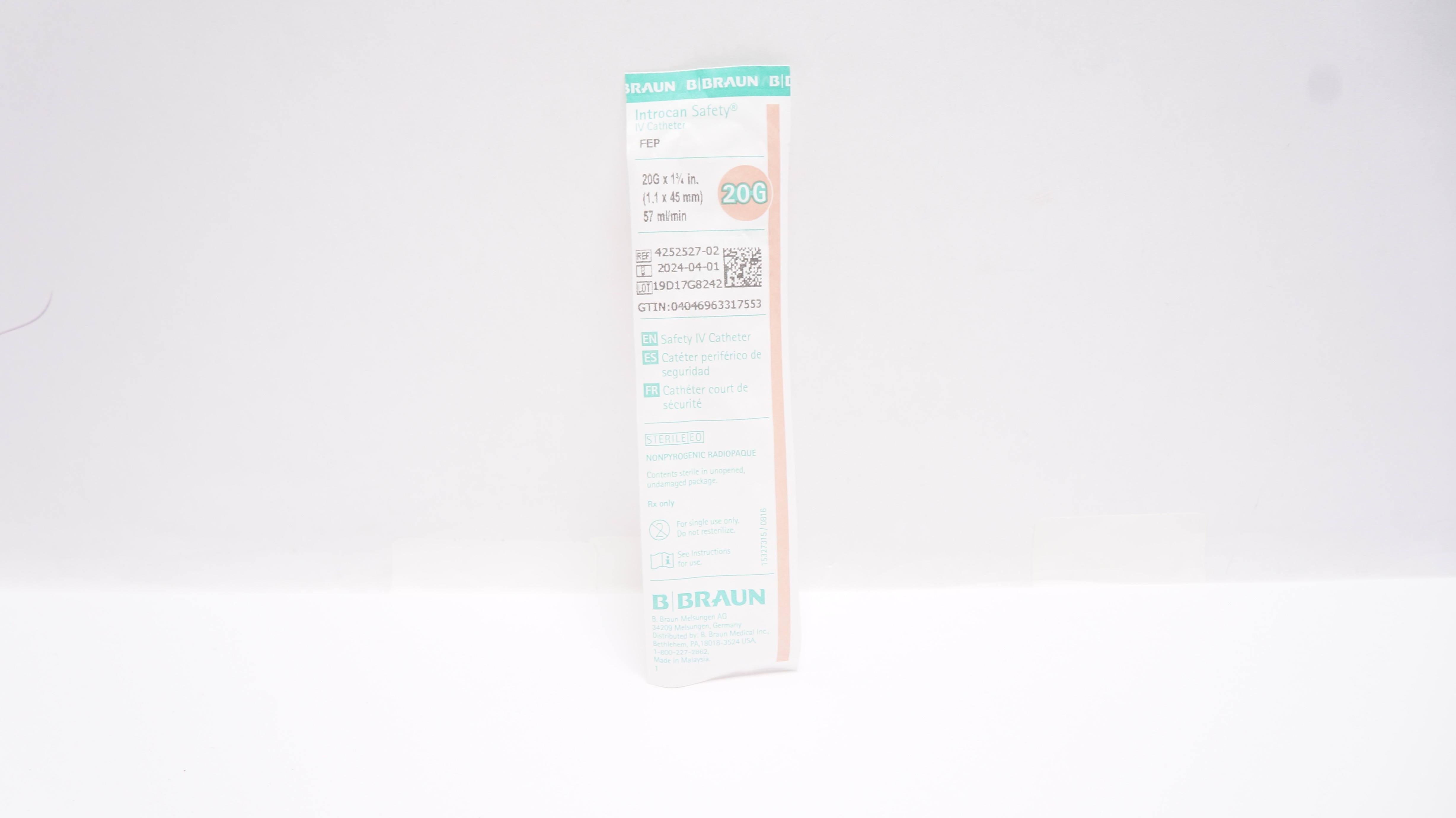 Braun 4252527-02 Introcan Safety IV Cath. 20G x 1-1/3inch 57ml/min