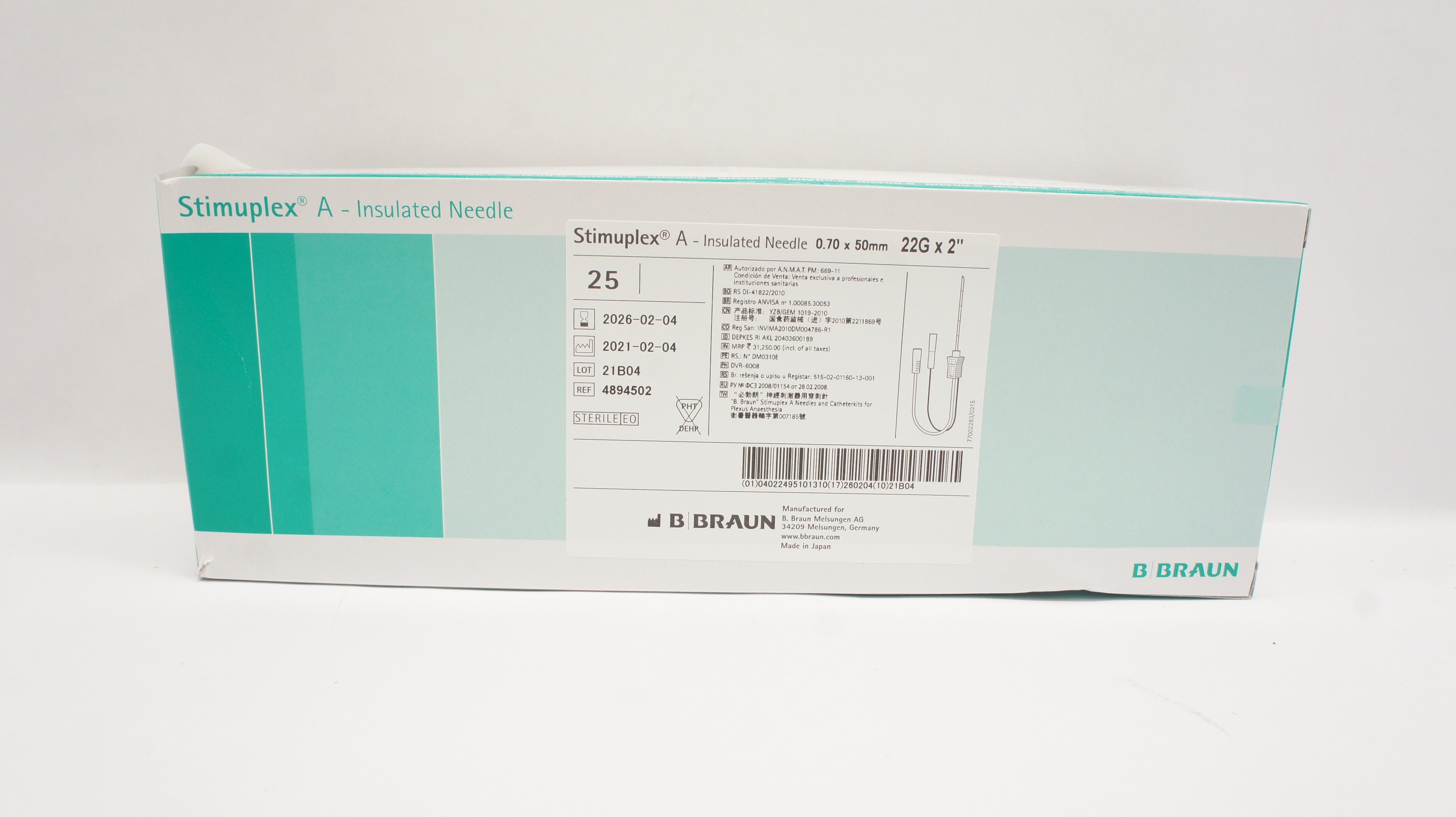 Braun 4894502 Stimuplex A Insulated Needle 22G x 2inch - Box of 25