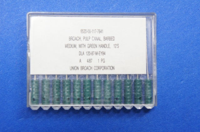 Union Broach Pulp Canal Barbed Medium With Green Handle ~ Box of 12