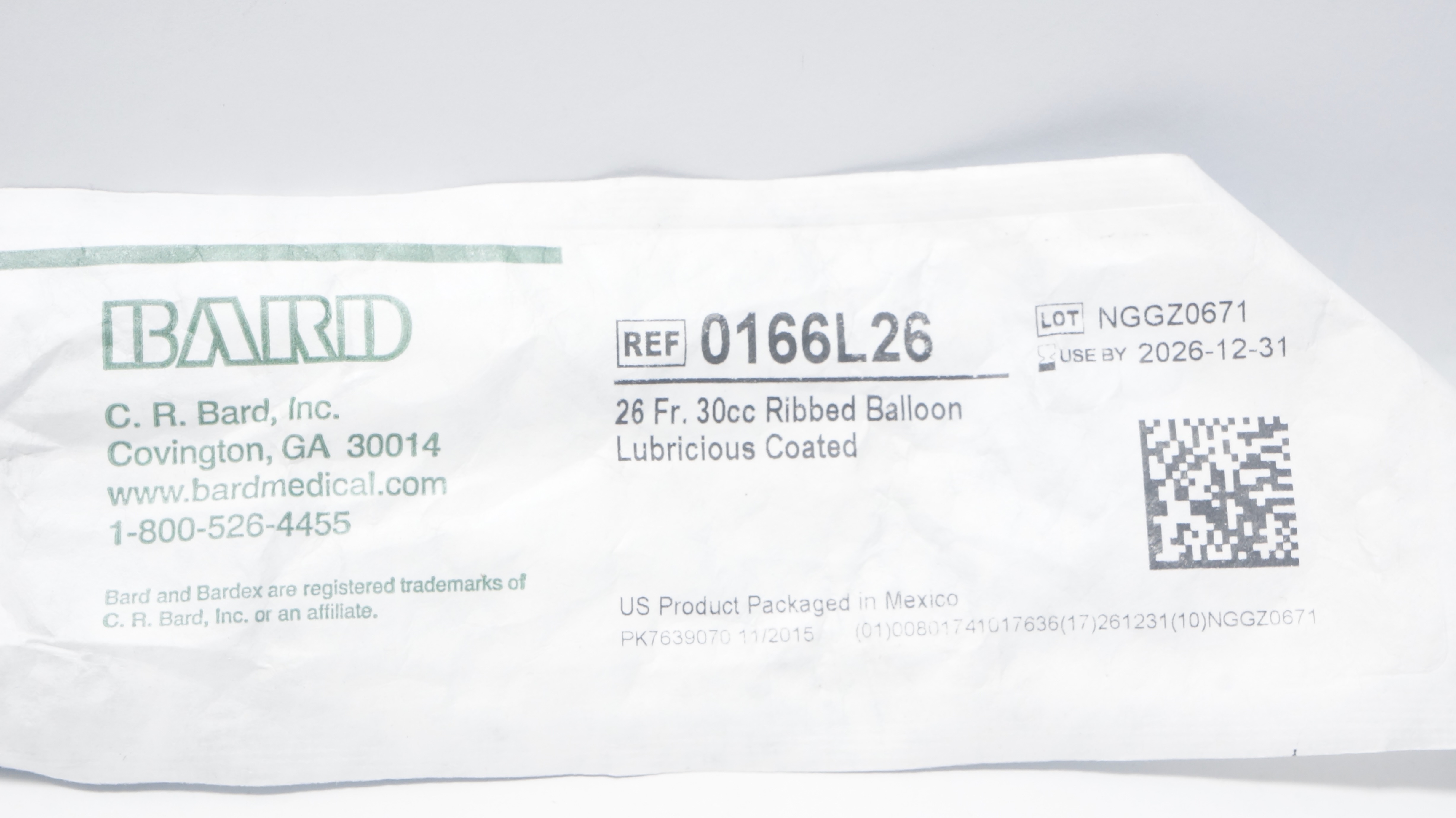 Bard 0166L26 Bardex Foley Cath. 26Fr 30cc Ribbed Balloon Lubricious Coated