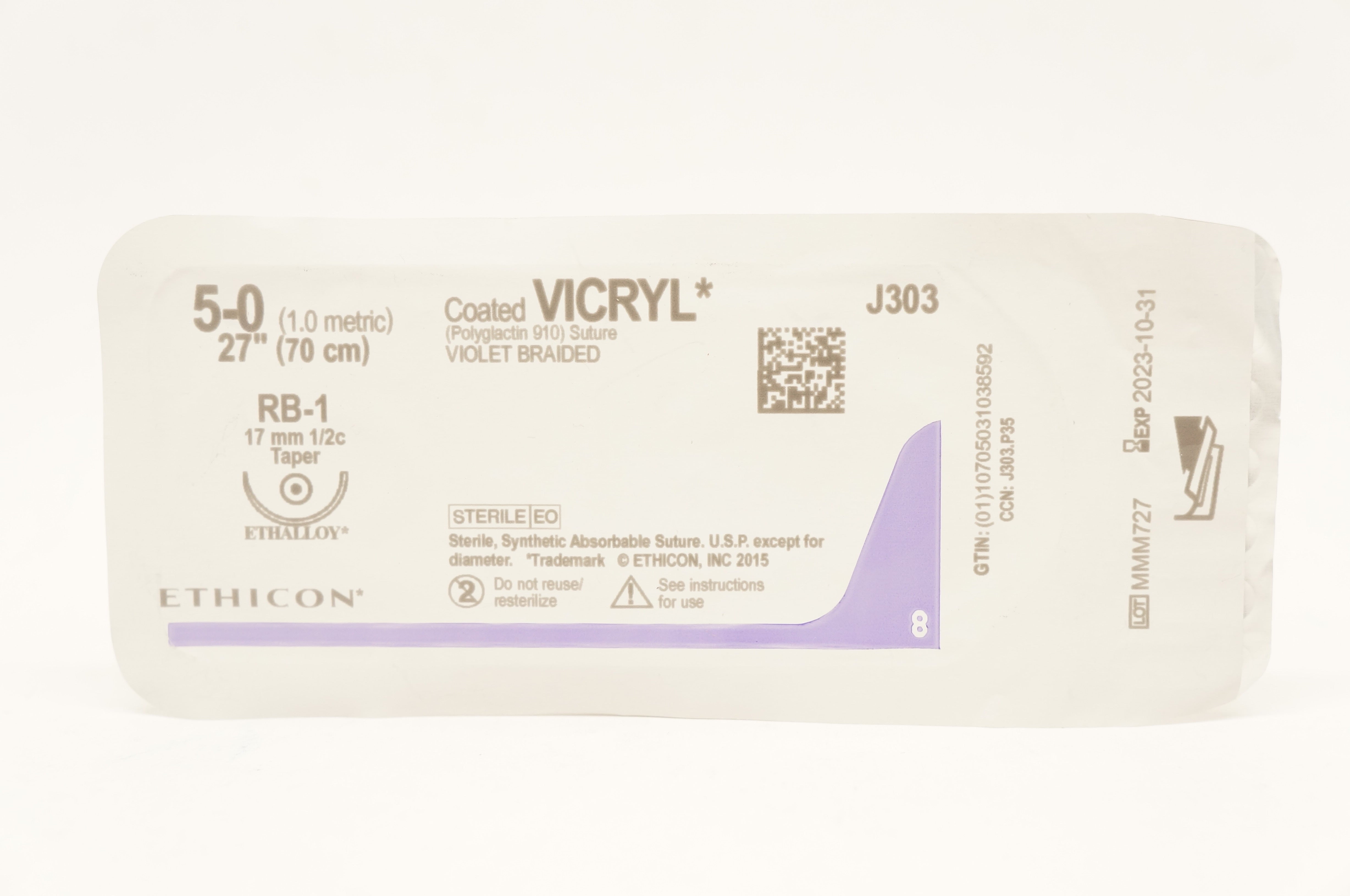 Ethicon J303 5-0 Coated VICRYL, RB-1 17mm 1/2c Taper, 27inch