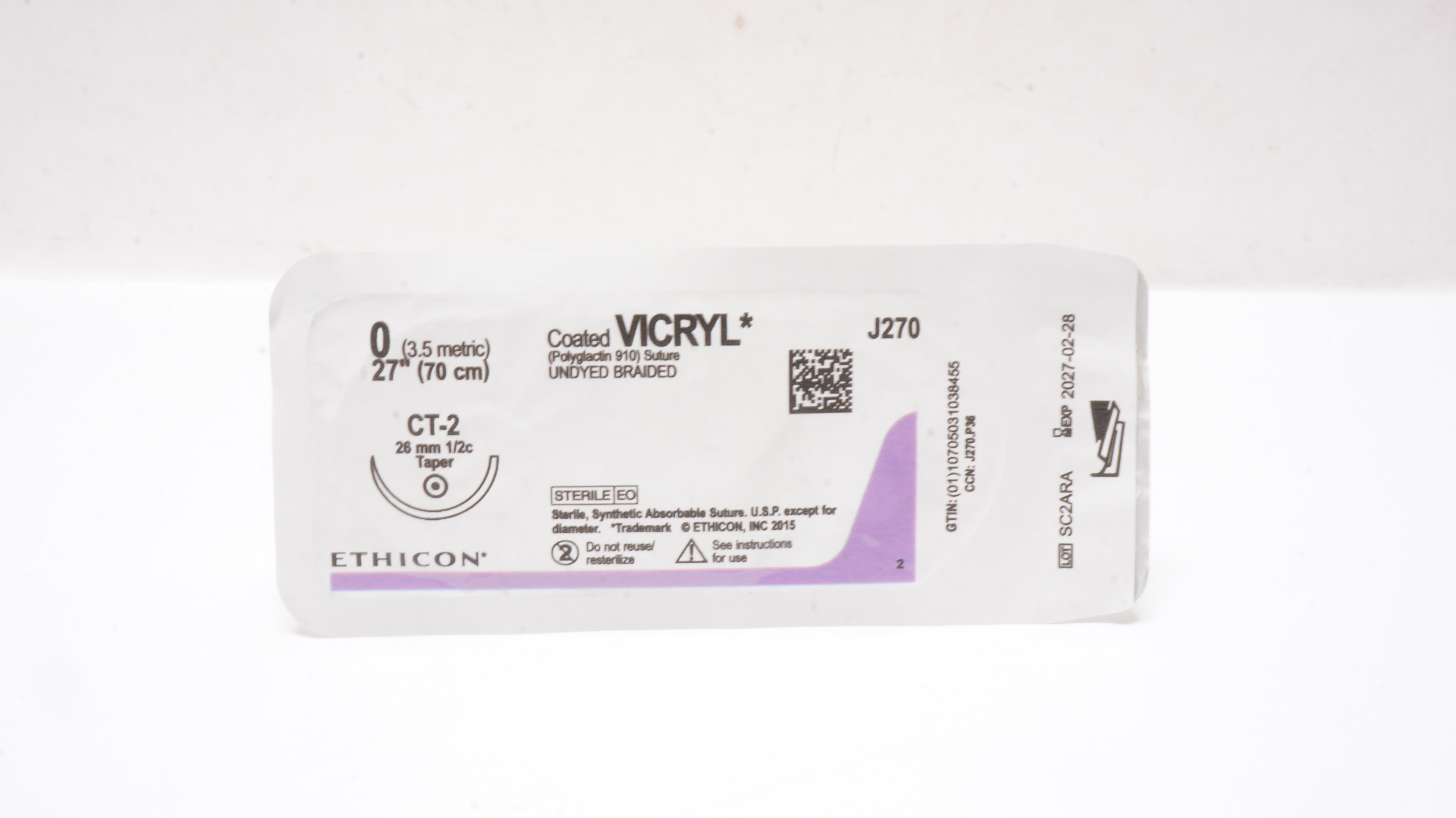 Ethicon J270 0 Coated VICRYL CT-2 26mm 1/2c Taper 27inch