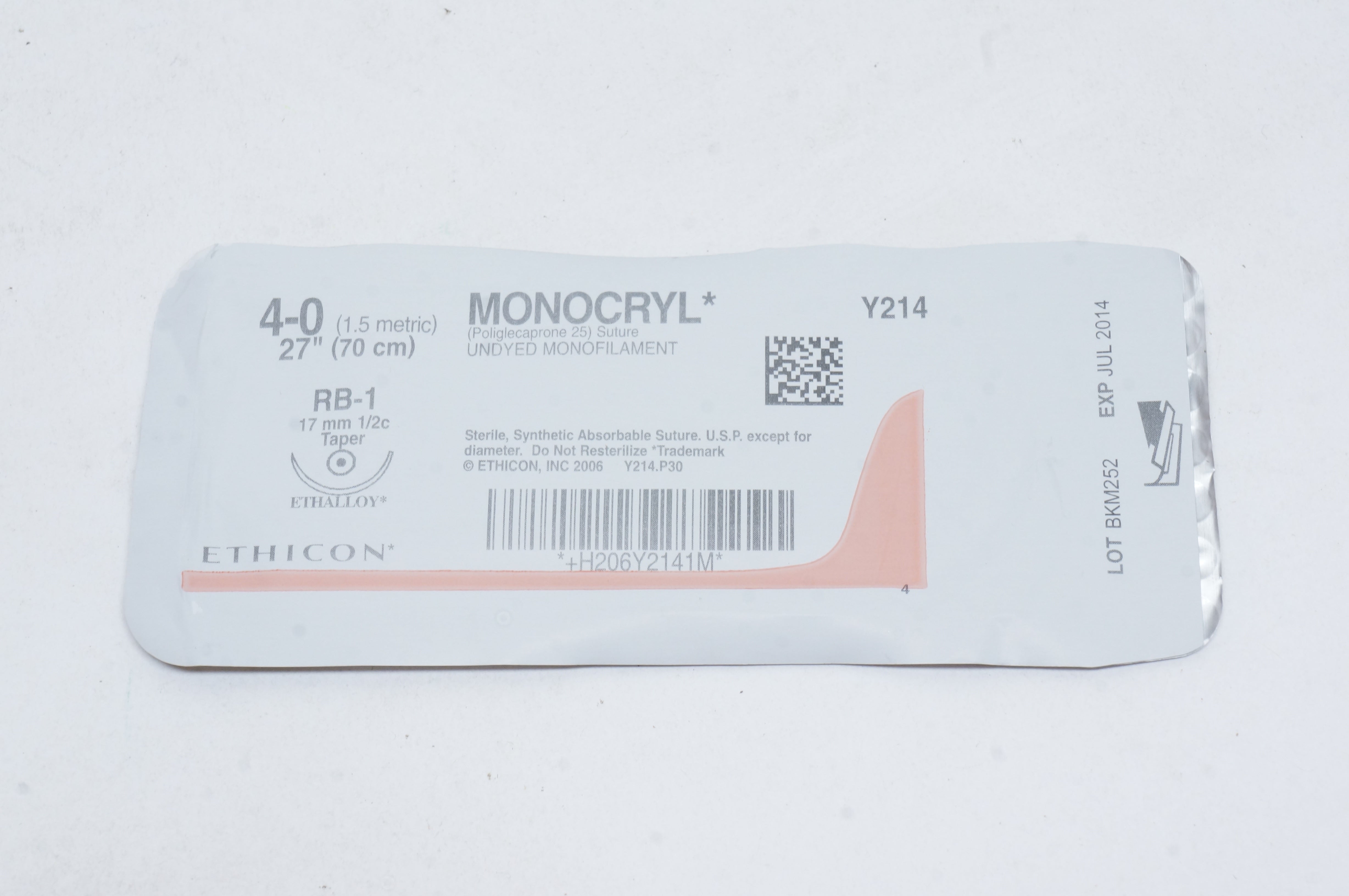 Ethicon Y214 4-0 MONOCRYL, RB-1, 17mm 1/2c Taper, 27inch (x)
