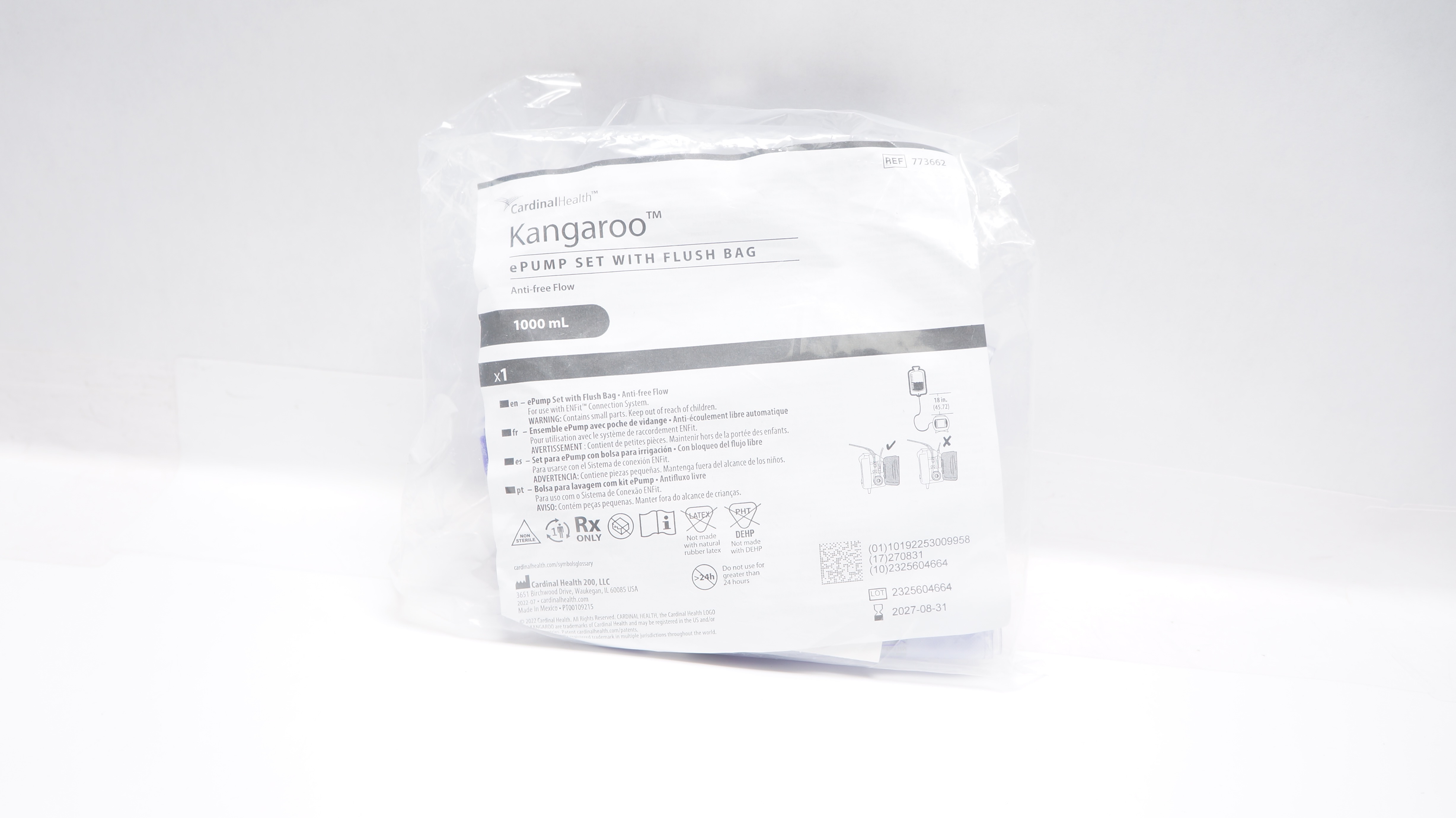 Cardinal Health 773662 Kangaroo Epump Set with Flush Bag Anti-Free Flow 1000mL