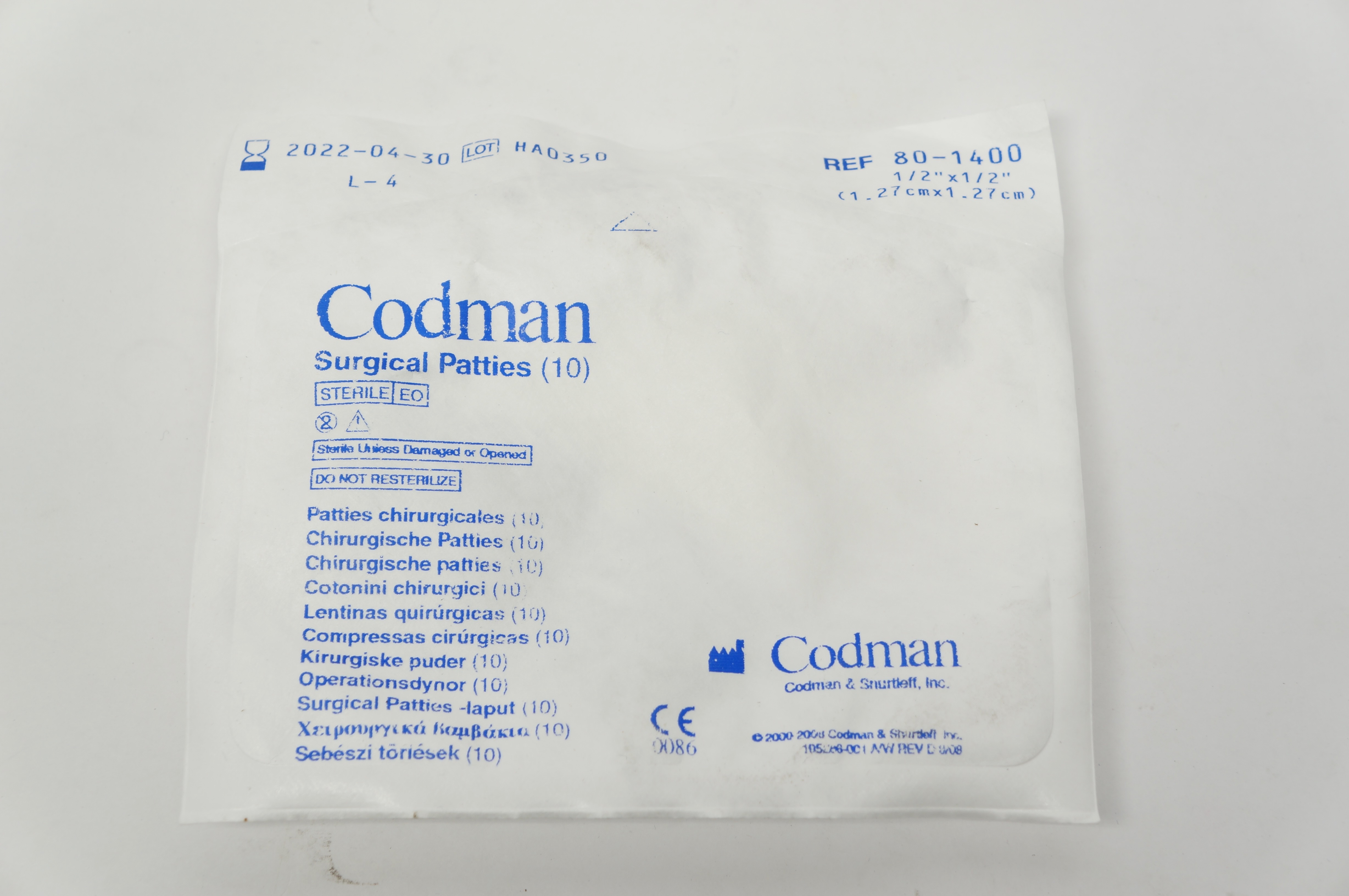 Codman 80-1400 Surgical Patties 1/2inch x 1/2inch (x) - Pack of 10