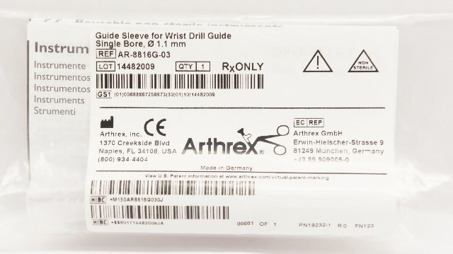 Arthrex AR-8816G-03 Guide Sleeve for Wrist Drill Guide Single Bore 1.1mm
