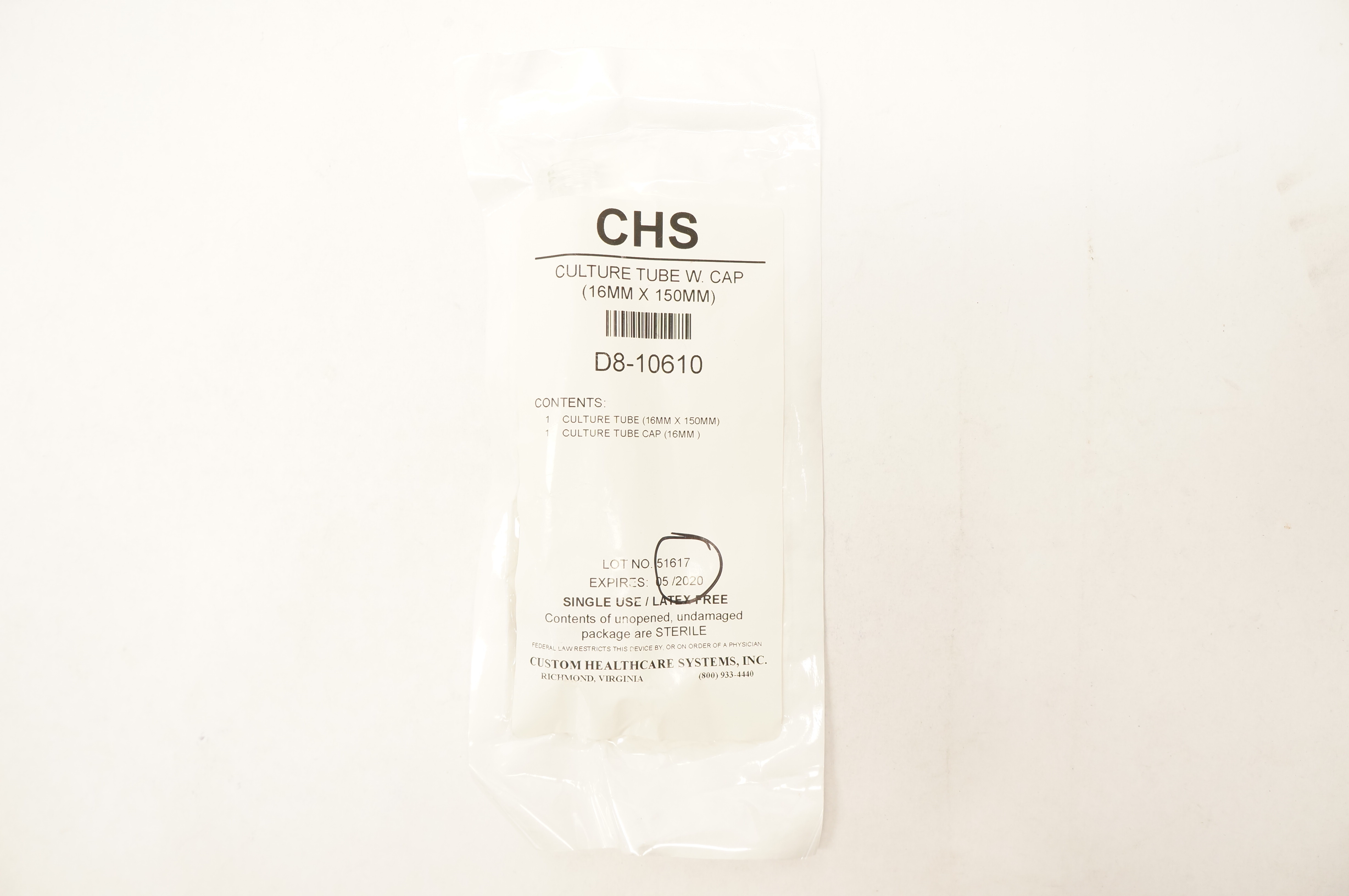 CHS D8-10610 Culture Tube W. Cap 16 mm x 150 mm (x)