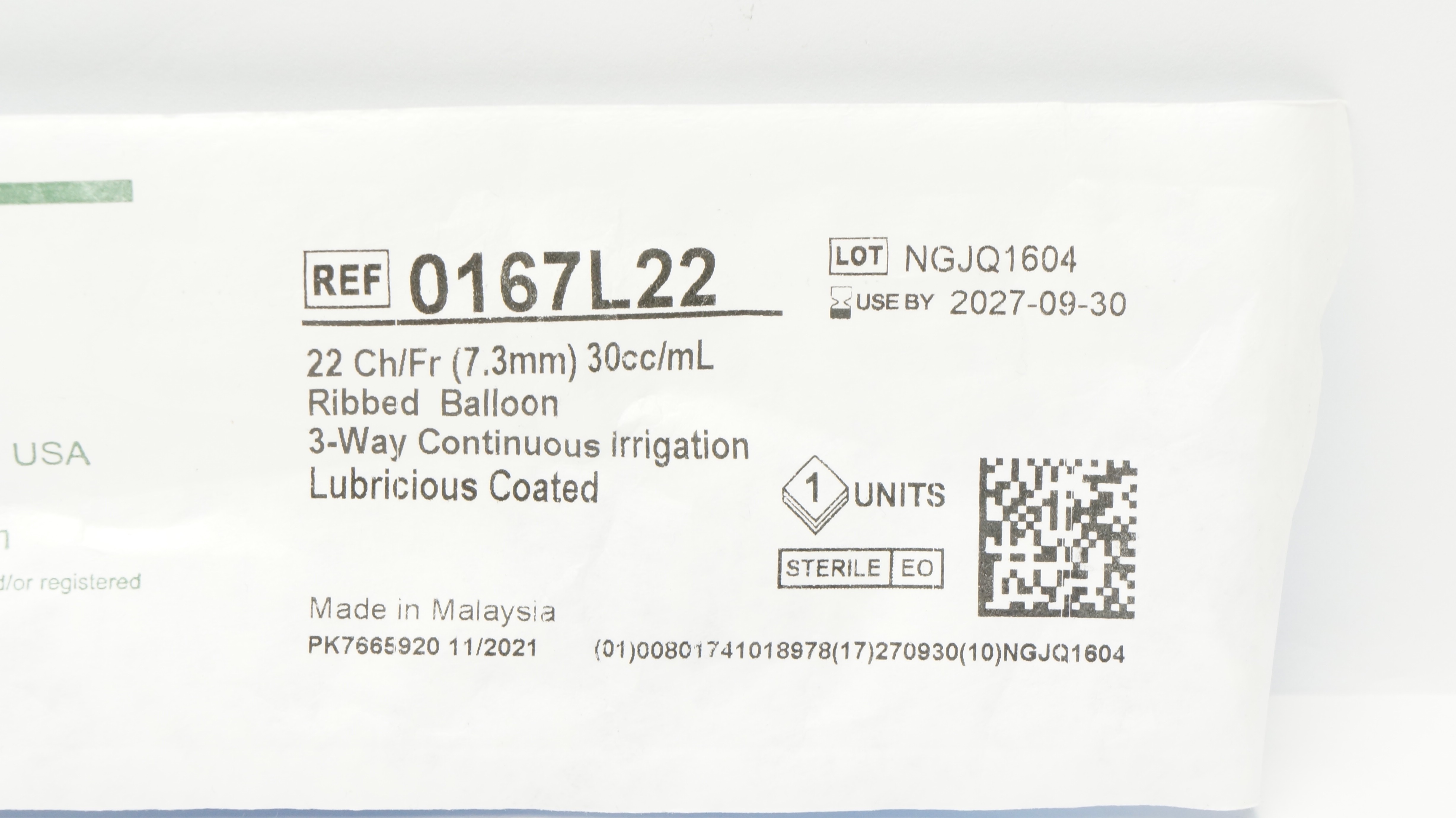 Bard 0167L22 Bardex Foley Cath. 22Ch/Fr 30cc/mL Ribbed Balloon, 3-Way Irrigation