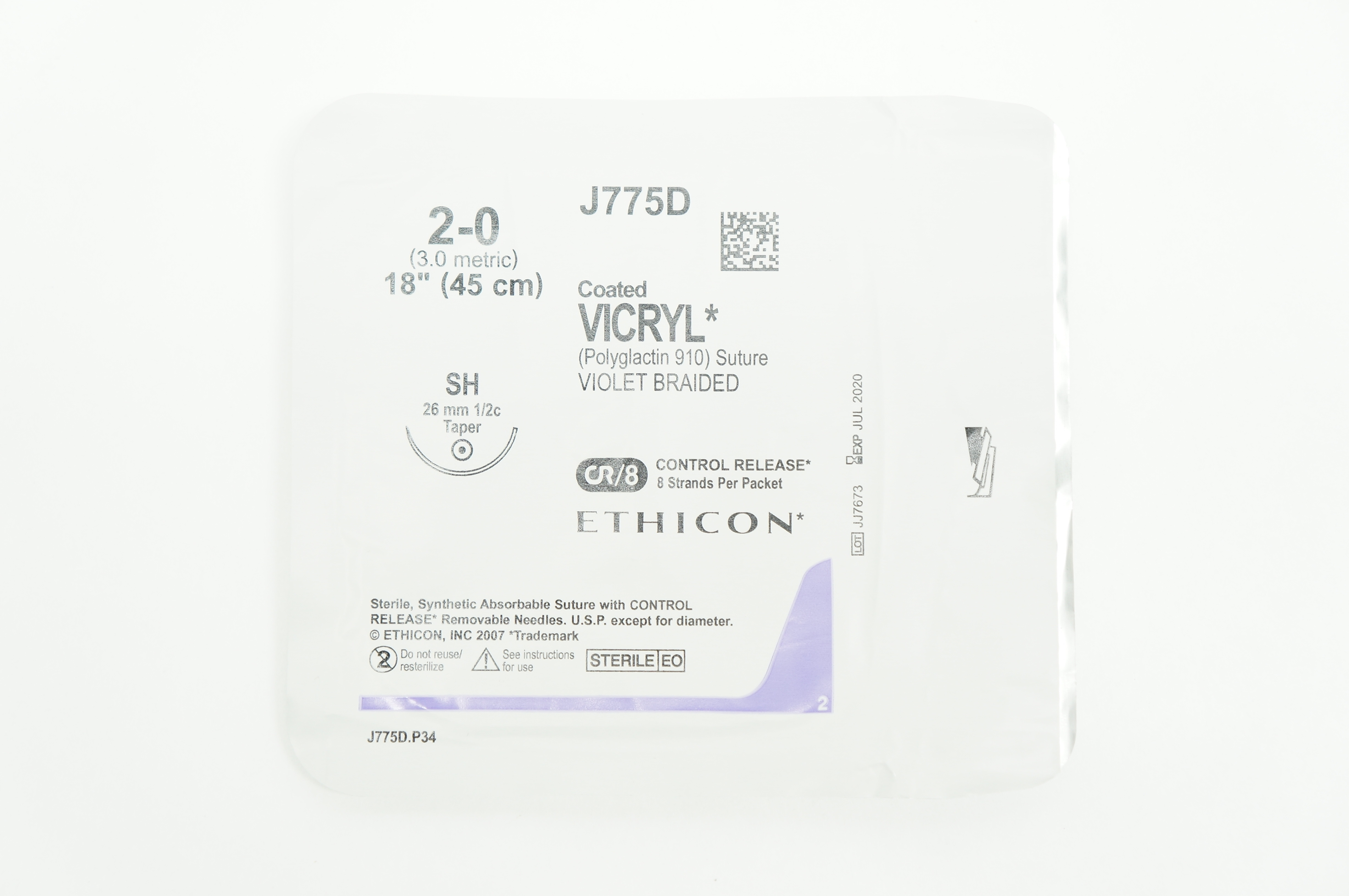 Ethicon J775D 2-0 Coated VICRYL SH 26mm 1/2c Taper 18 inch (x)