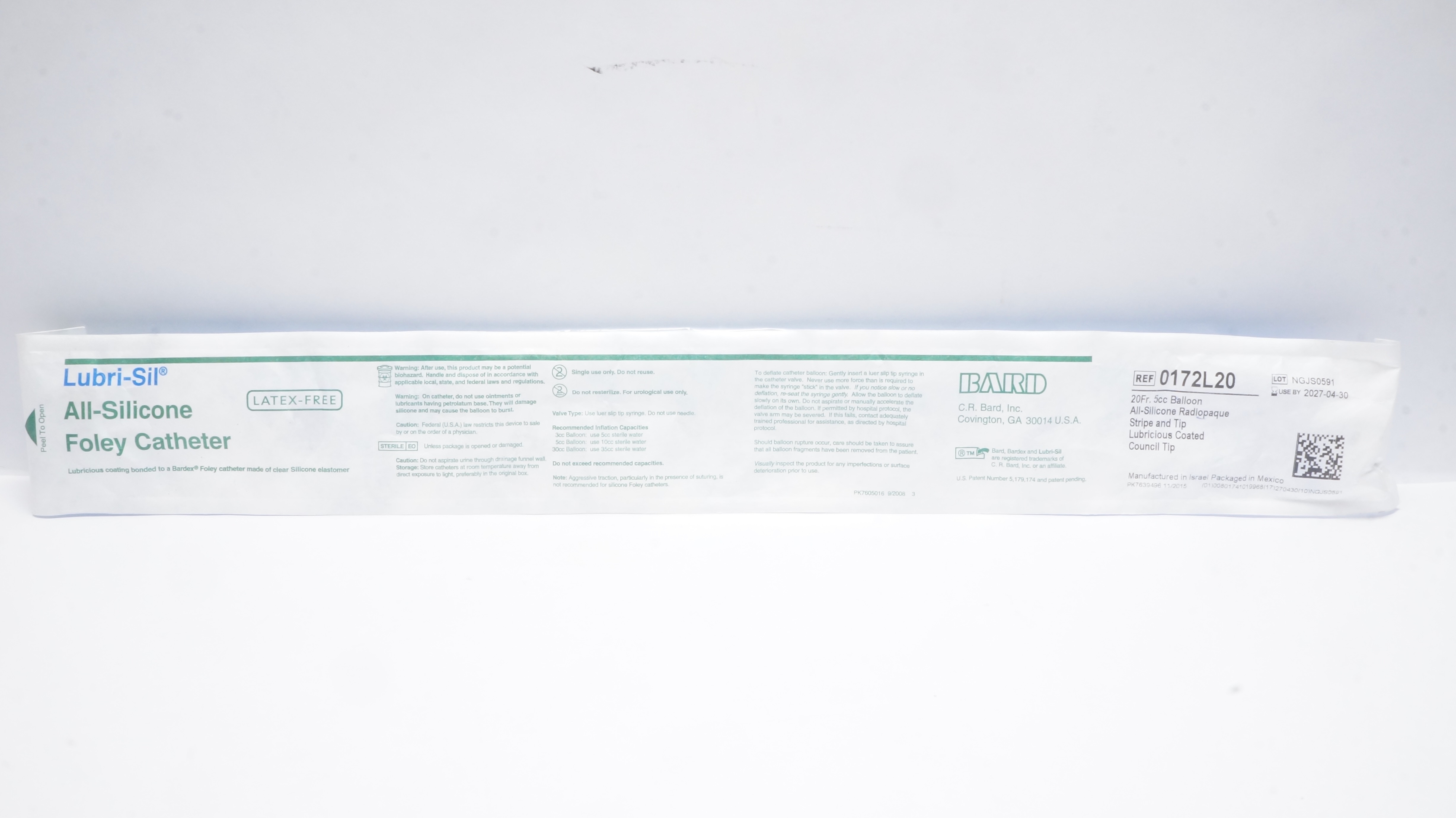 Bard 0172L20 Lubri-Sil All-Silicone Foley Cath. 20Fr 5cc Balloon