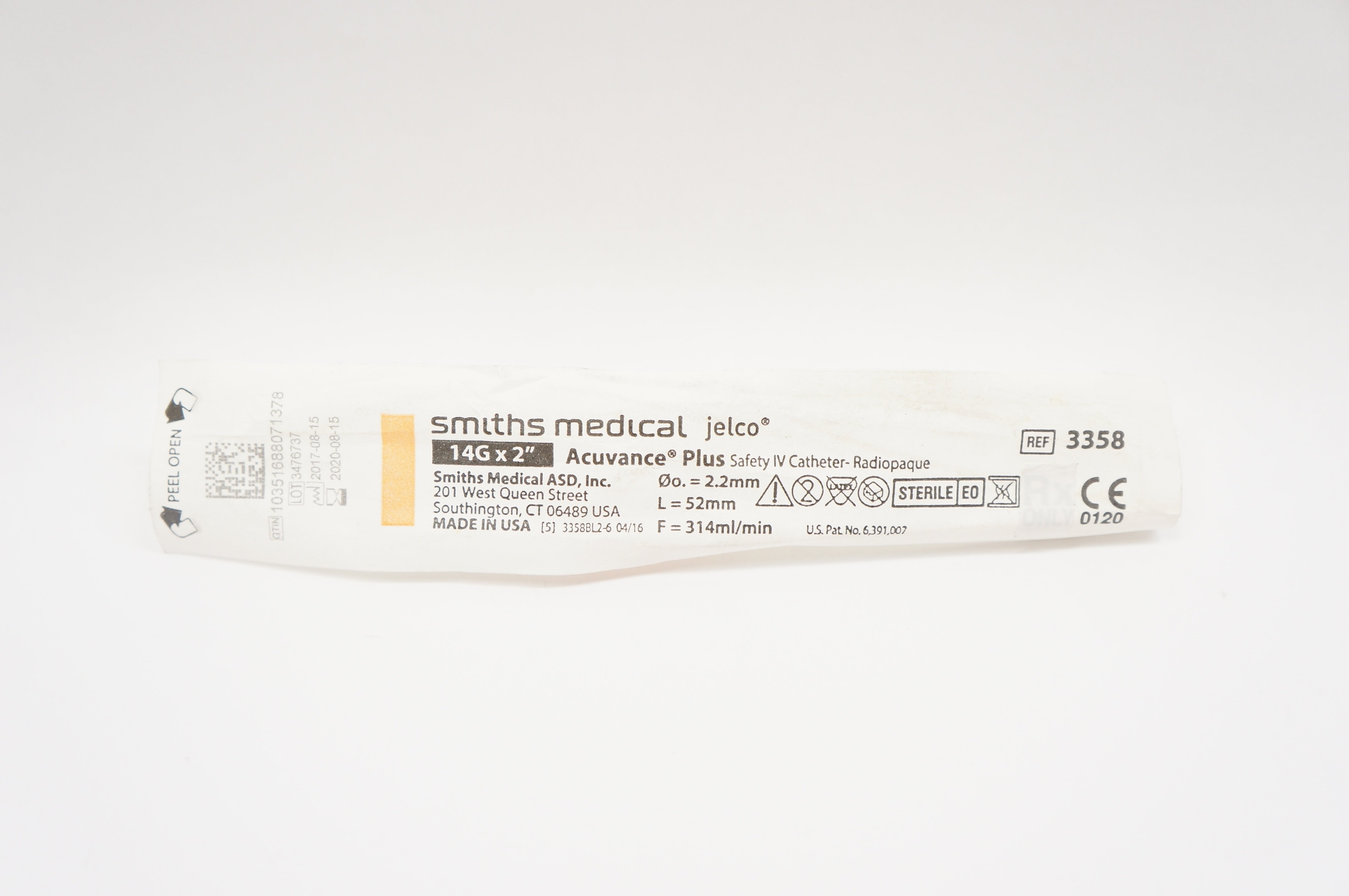 Smith Medical 3358 Jelco Acuvance Plus Safety IV Cath-Radiopaque 14G x 2inch (x)