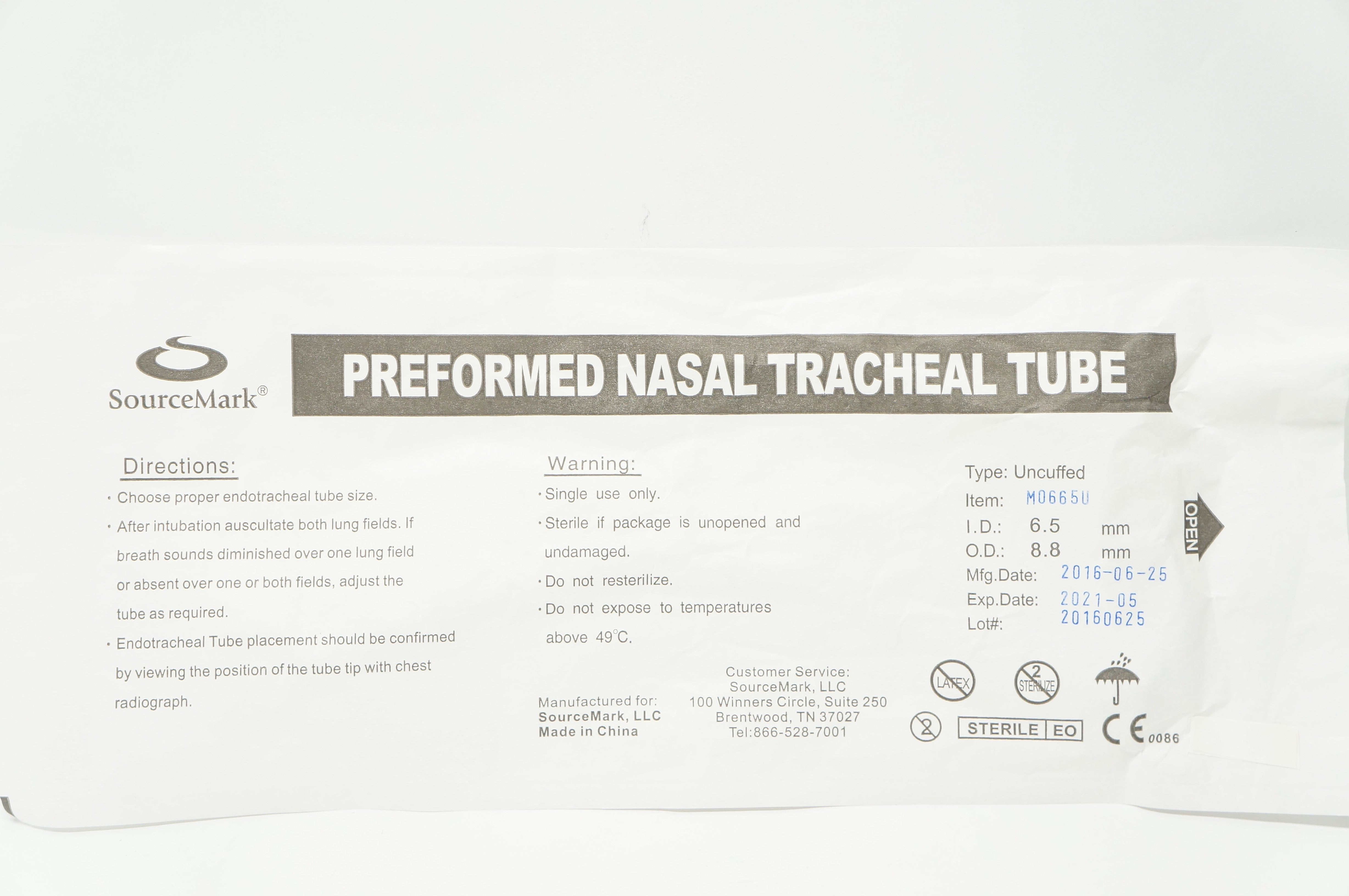 SourceMark M0665U Preformed Nasal Tracheal Tube 6.5mm x 8.8mm (x)