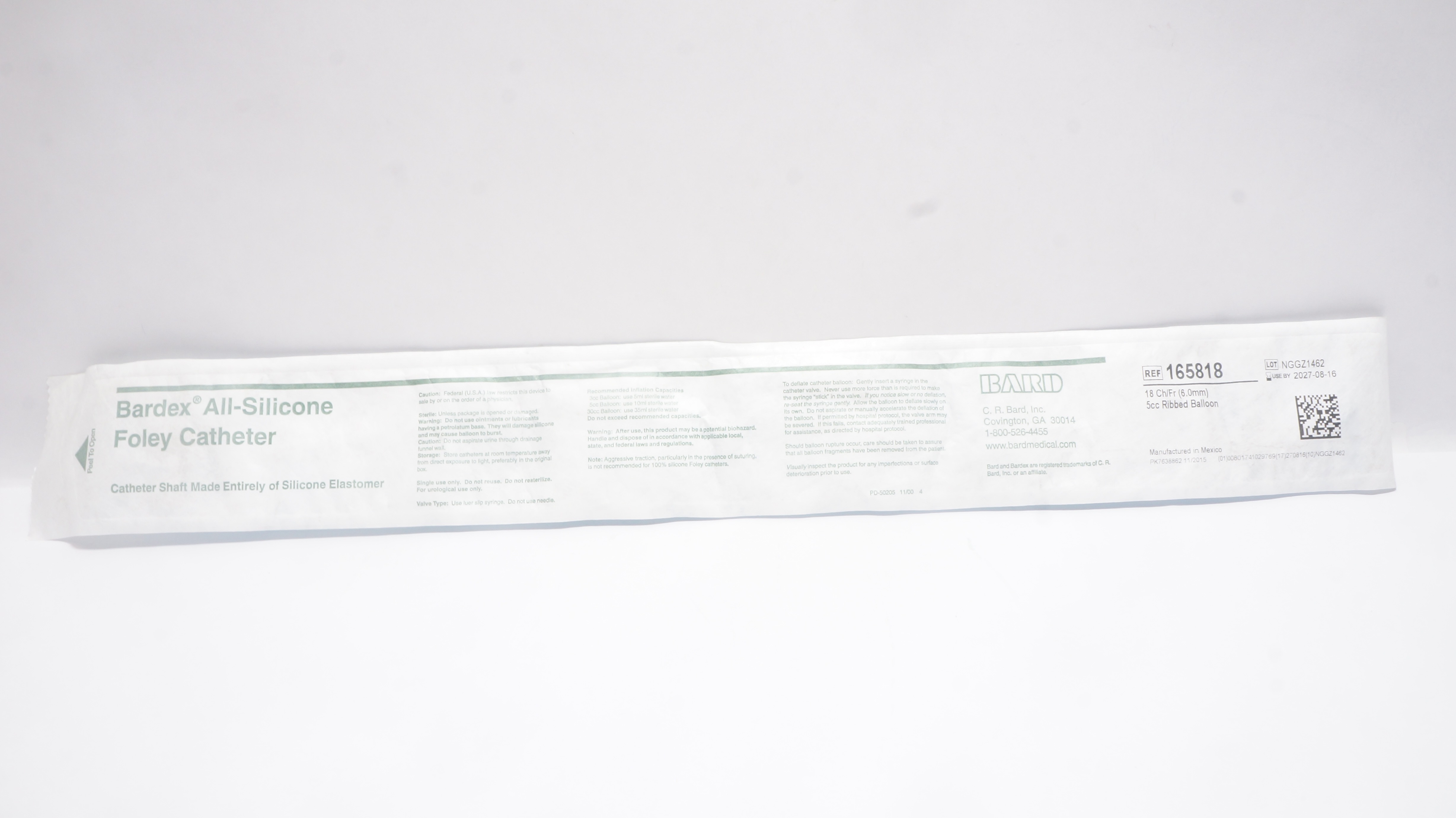 Bard 165818 All-silicone Foley Cath. 18Fr 5cc Ribbed Balloon