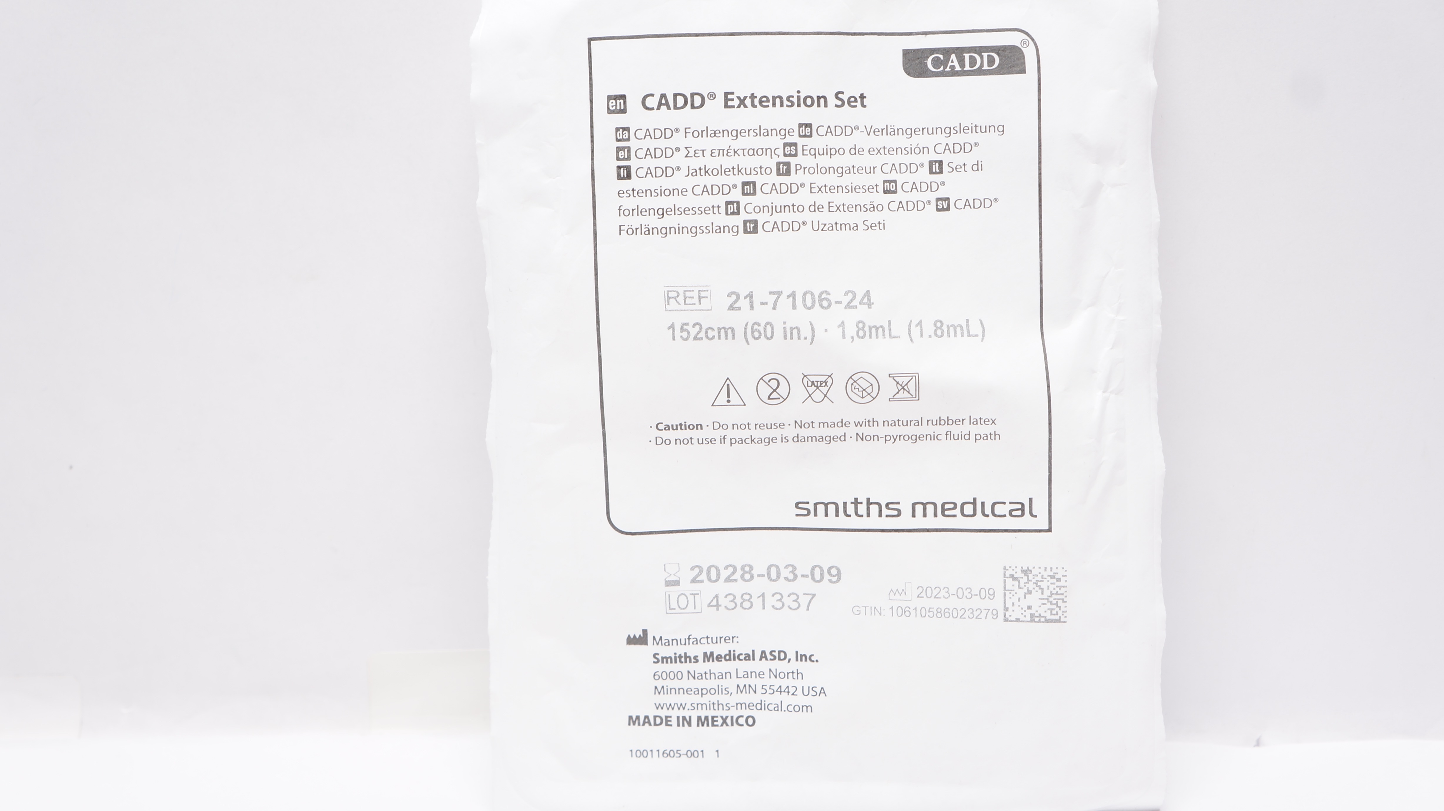Smiths Medical 21-7106-24 CADD Extension Set 60inch x 1.8mL