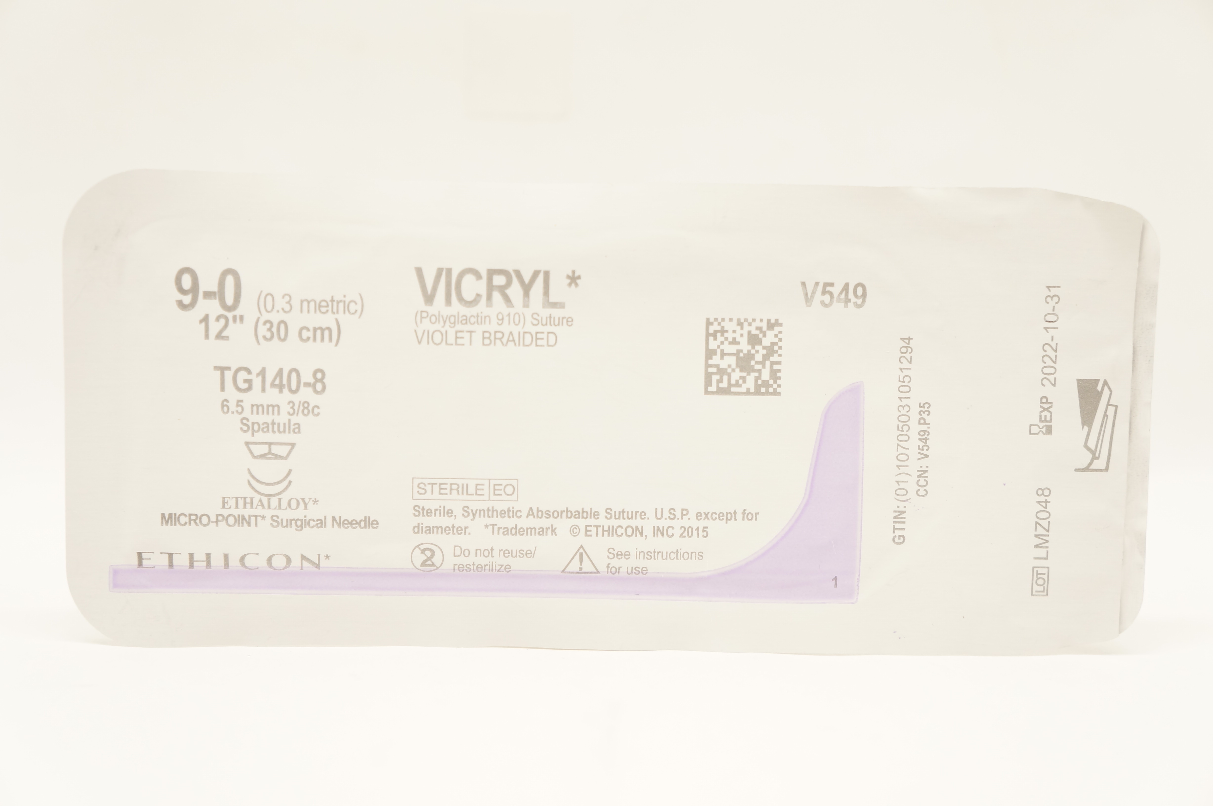 Ethicon V549 9-0 VICRYL TG140-8,  6.5mm 3/8c Spaula, 12inch