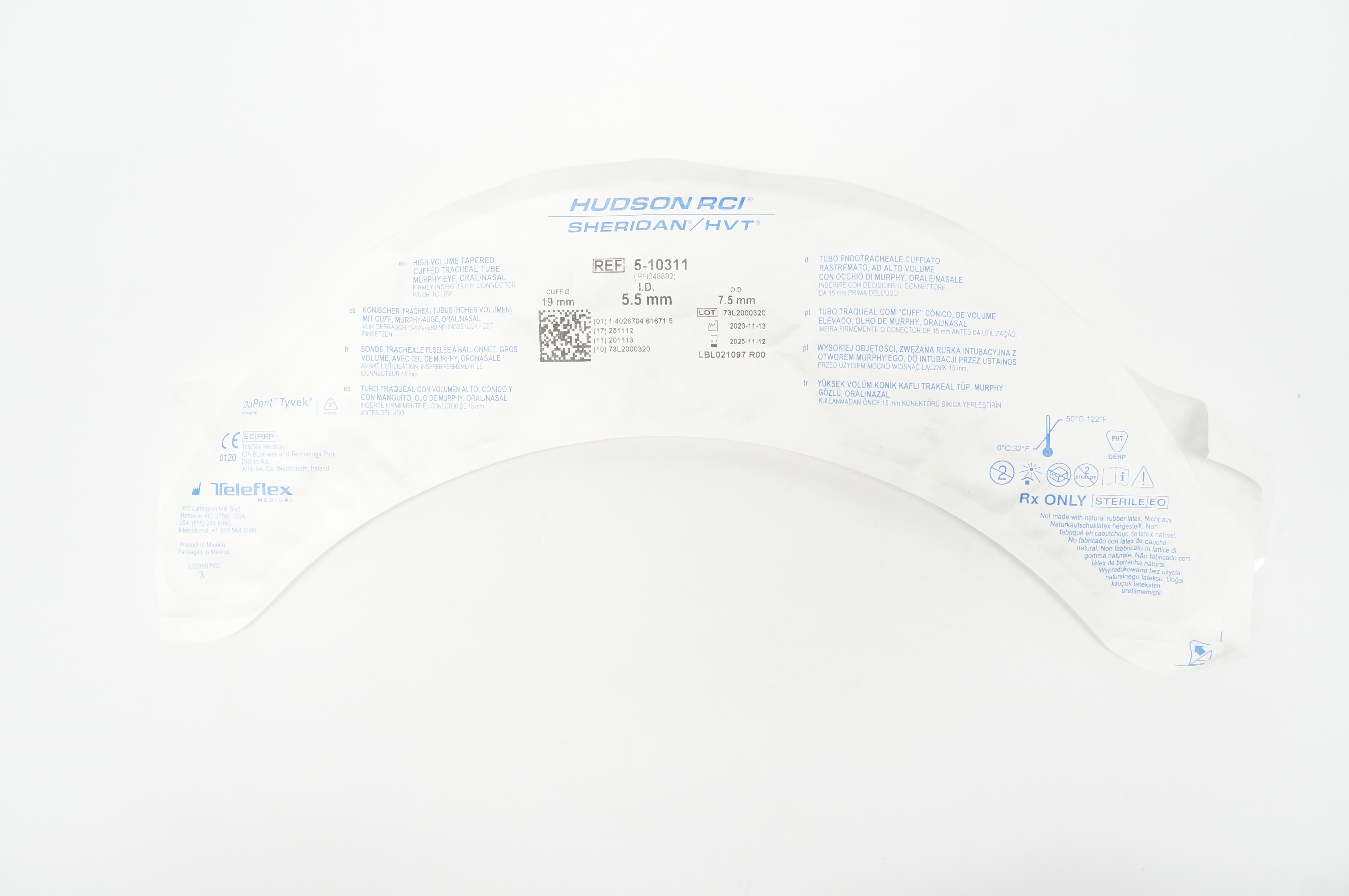 Teleflex 5-10311 Hudson RCI Cuffed Tracheal Tube Murphy Eye 5.5mm x 7.5mm