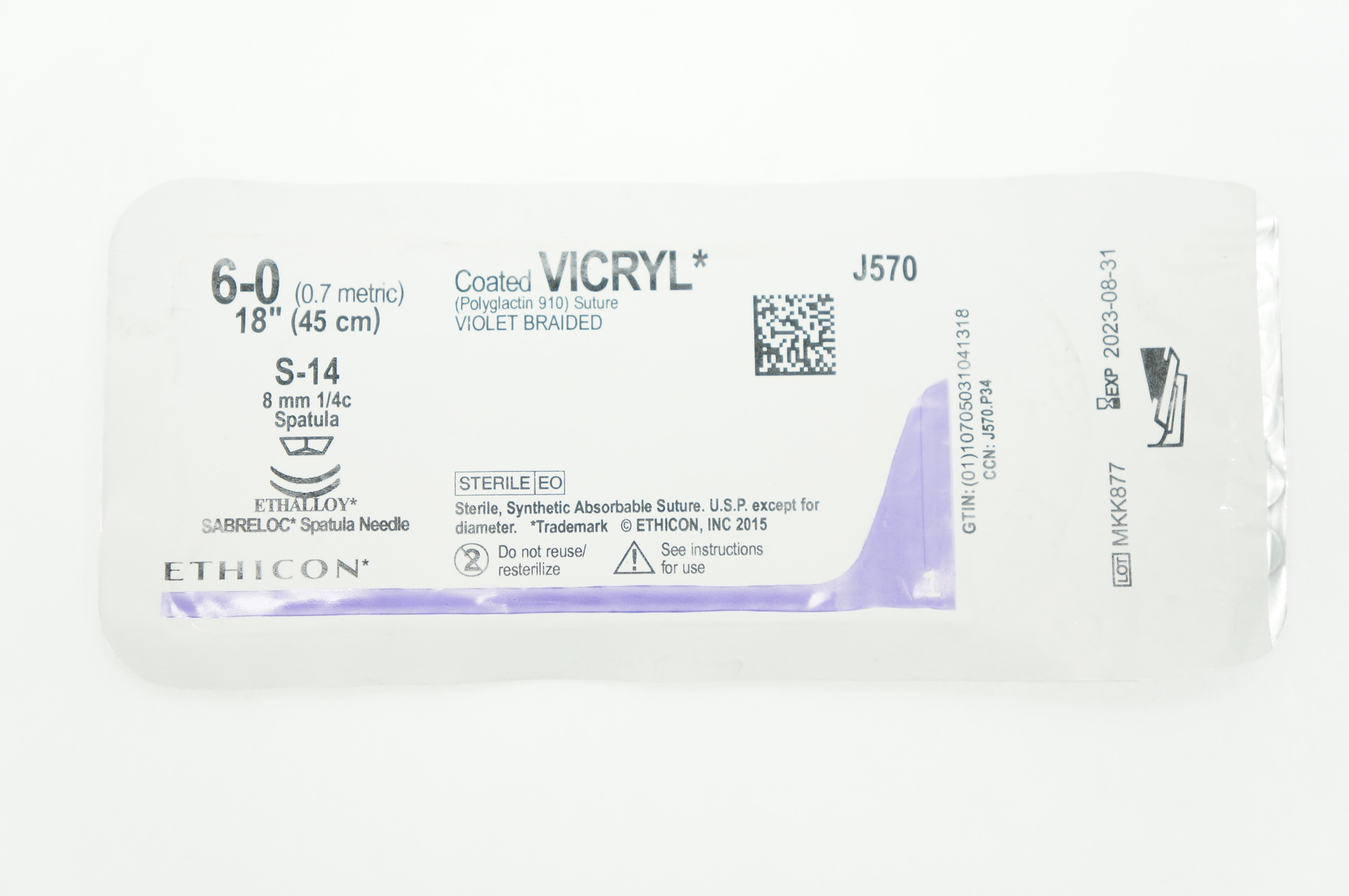 Ethicon J570 6-0 VICRYL S-14 8mm 1/4c Spatula 18inch