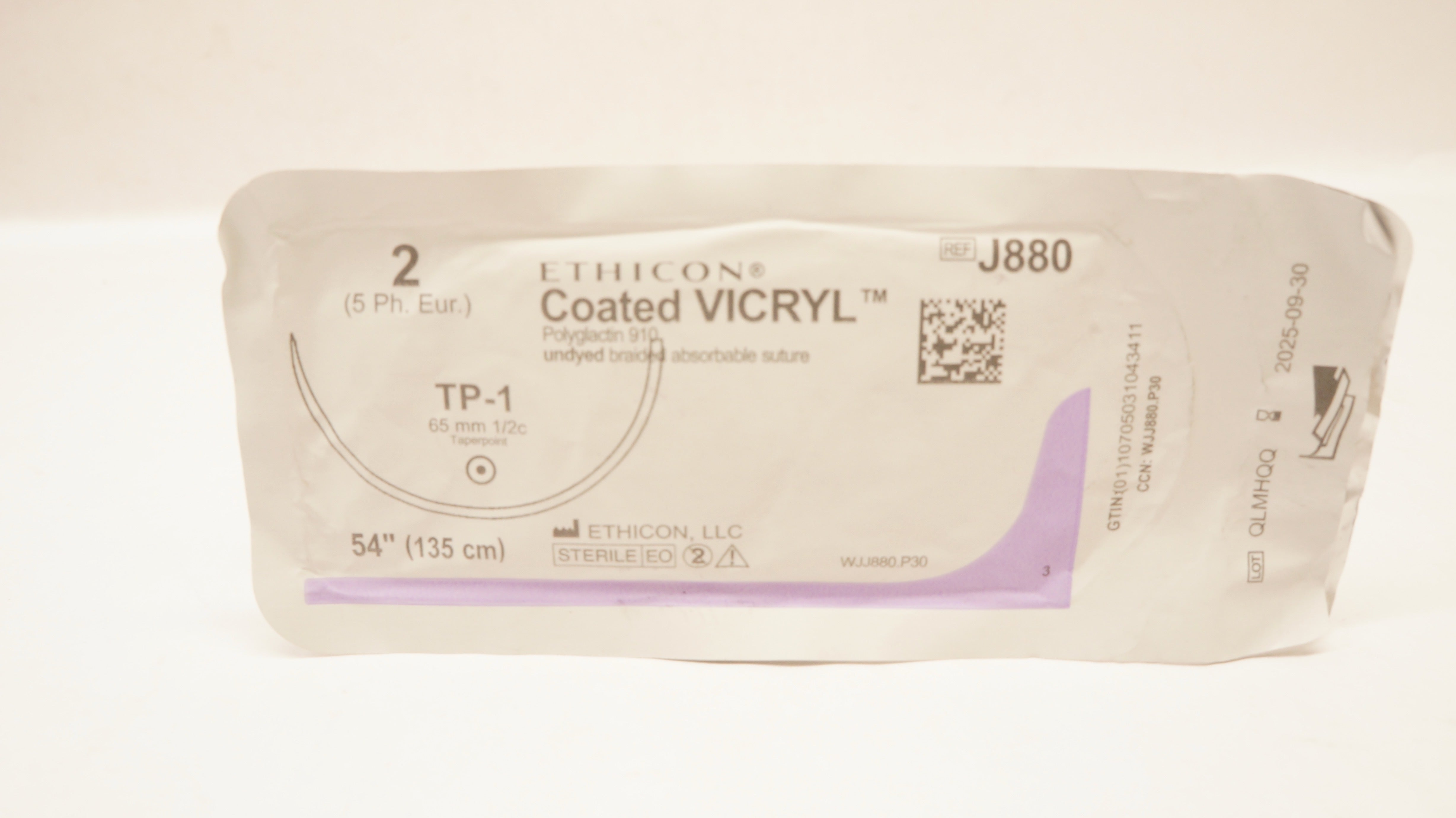 Ethicon J880 Coated Vicryl Undyed Braided, TP-1, 65mm 1/2c Taper, 54 inch