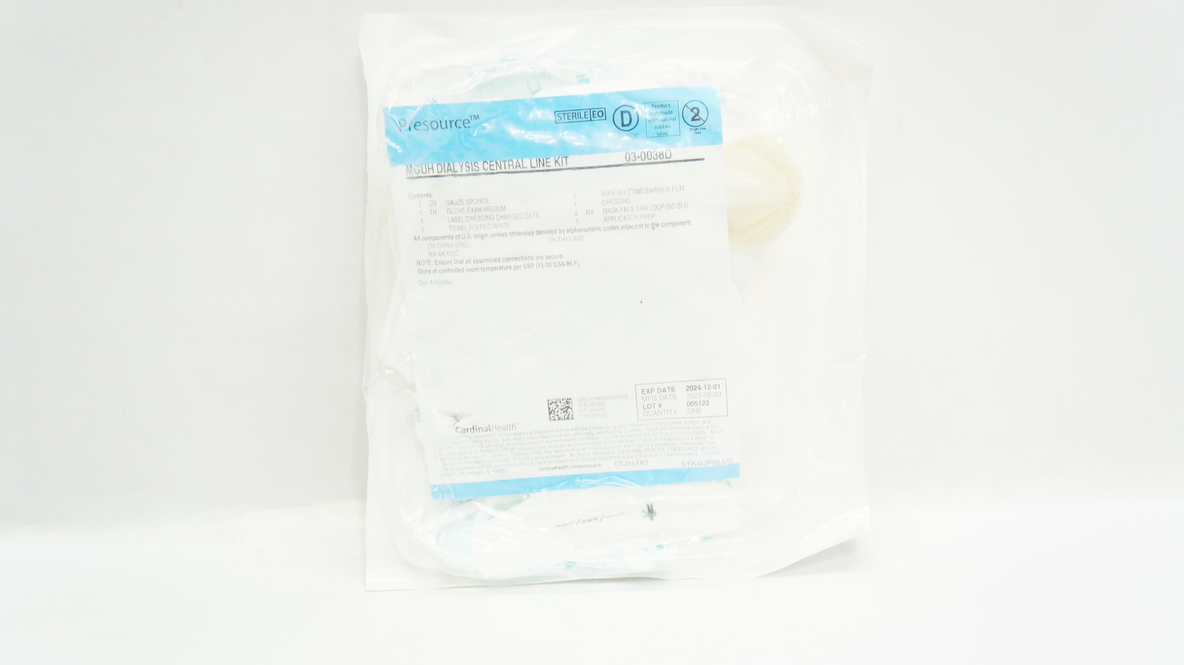 Cardinal Health 03-0038D Presourse MGUH Dialysis Central Line Kit