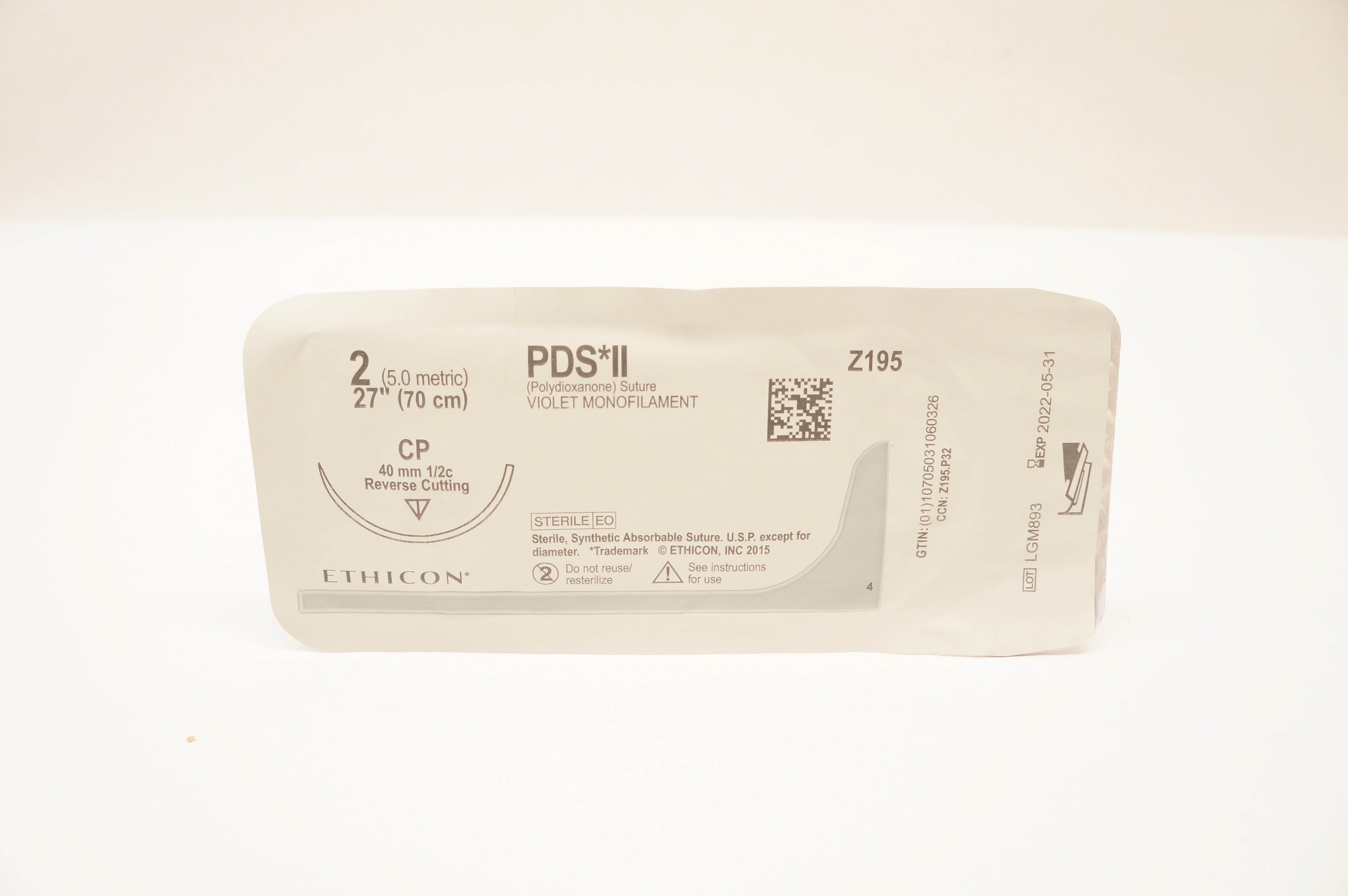 Ethicon Z195 2 PDS II Polydioxanone Stre CP 40mm 1/2c, Reverse Cutting 27inch(x)