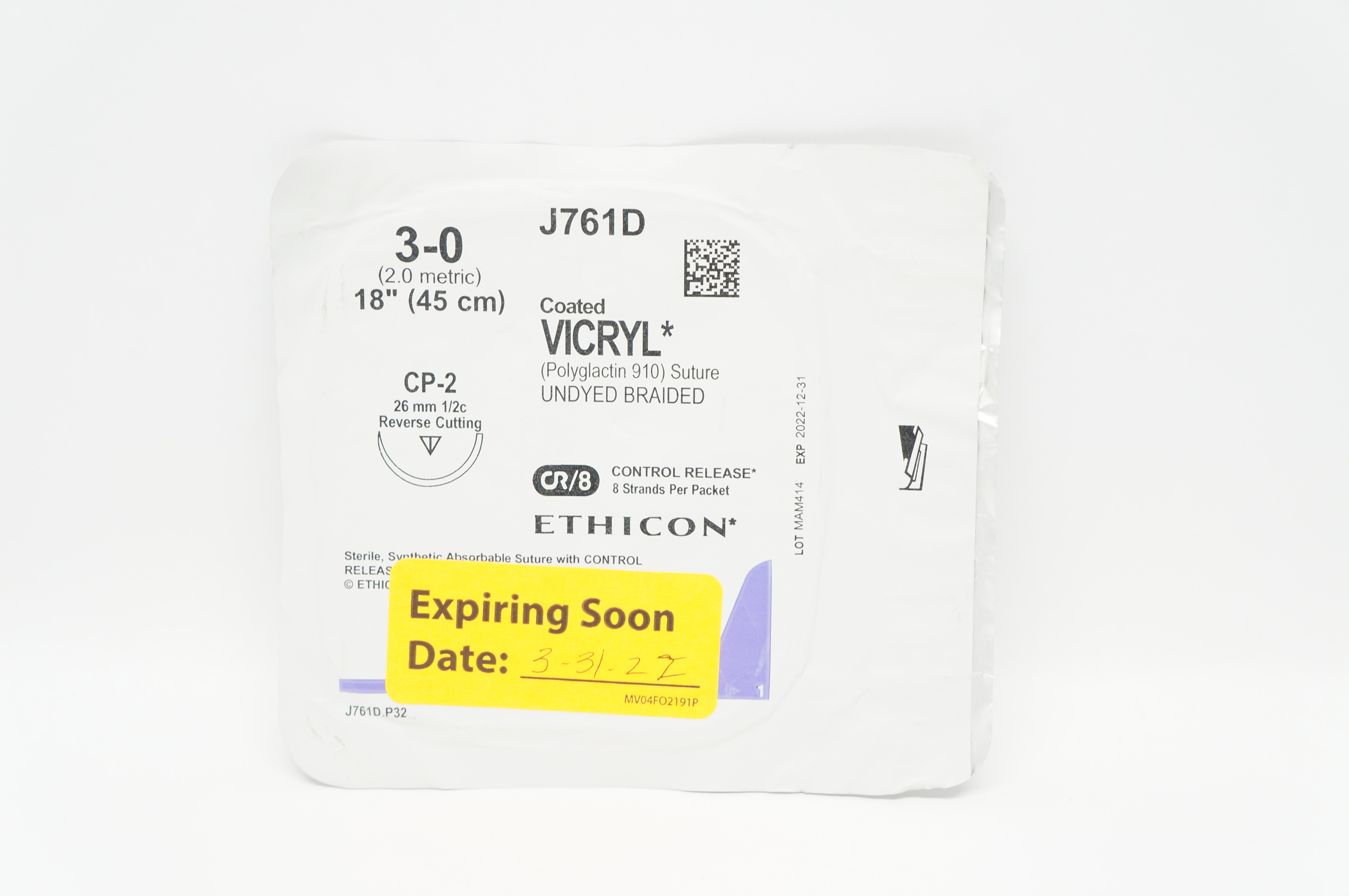 Ethicon J761D 3-0 Coated VICRYL CP-2 26mm 1/2c Reverse Cutting 18inch