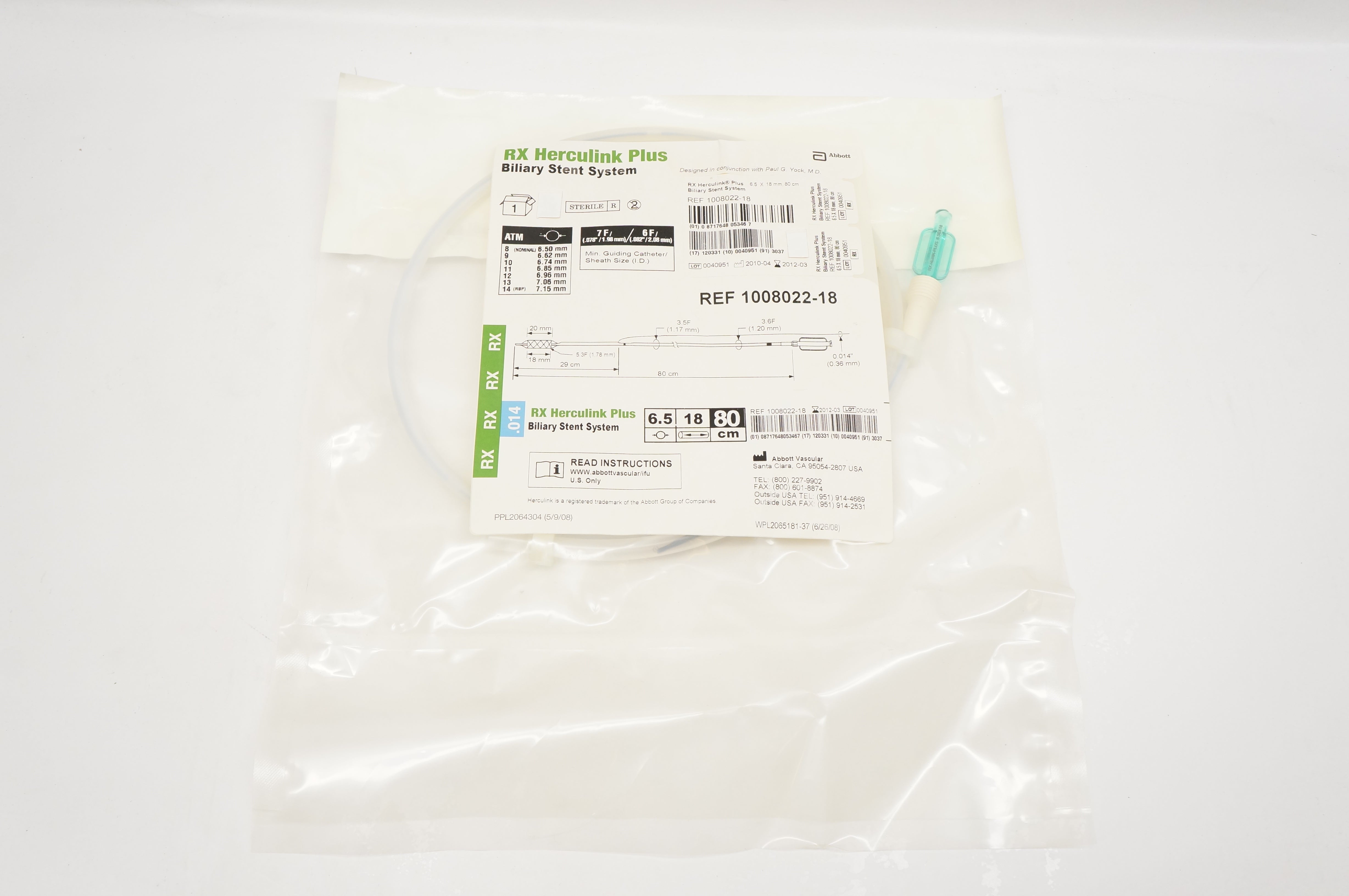 Abbott 1008022-18 RX Herculink Plus Biliary Stnt System 6.5 x 18 x 80cm (x)