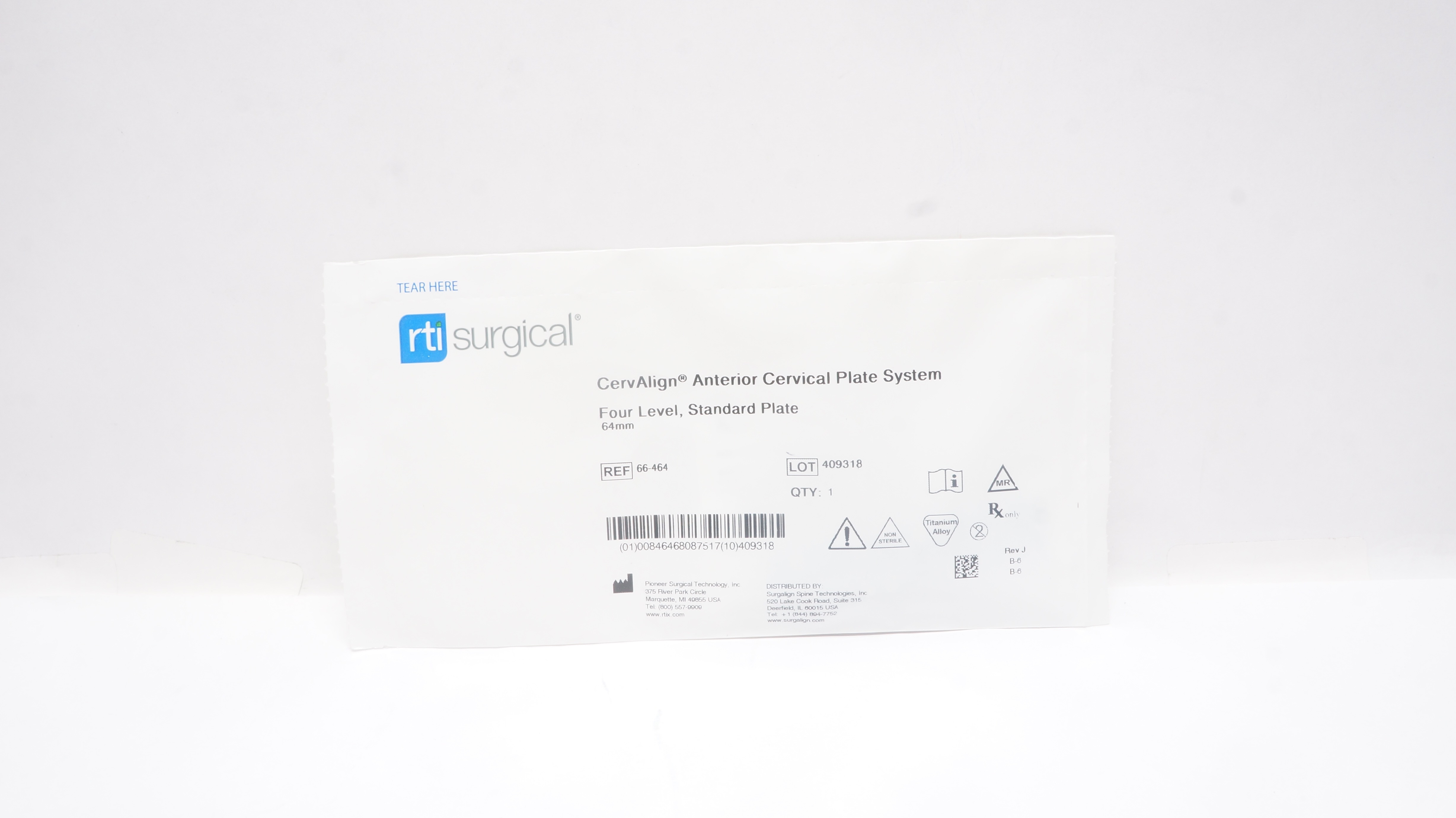 RTI Surgical  66-464 CervAlign Anterior Cervical Plate System, Four Level, 64mm