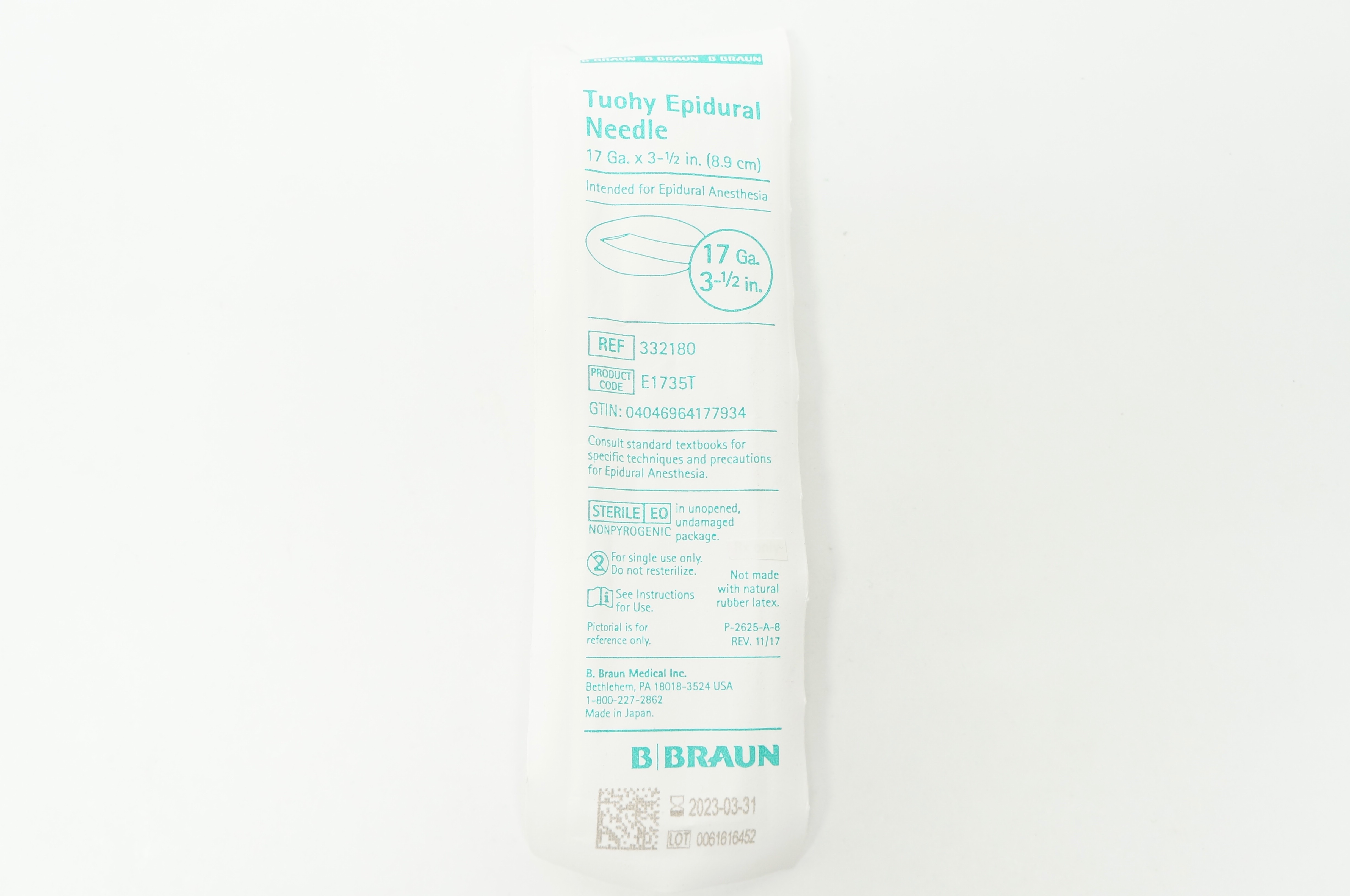 B.Braun 332180 Tuohy Epidural Ndle, 17G x 3-1/2inch