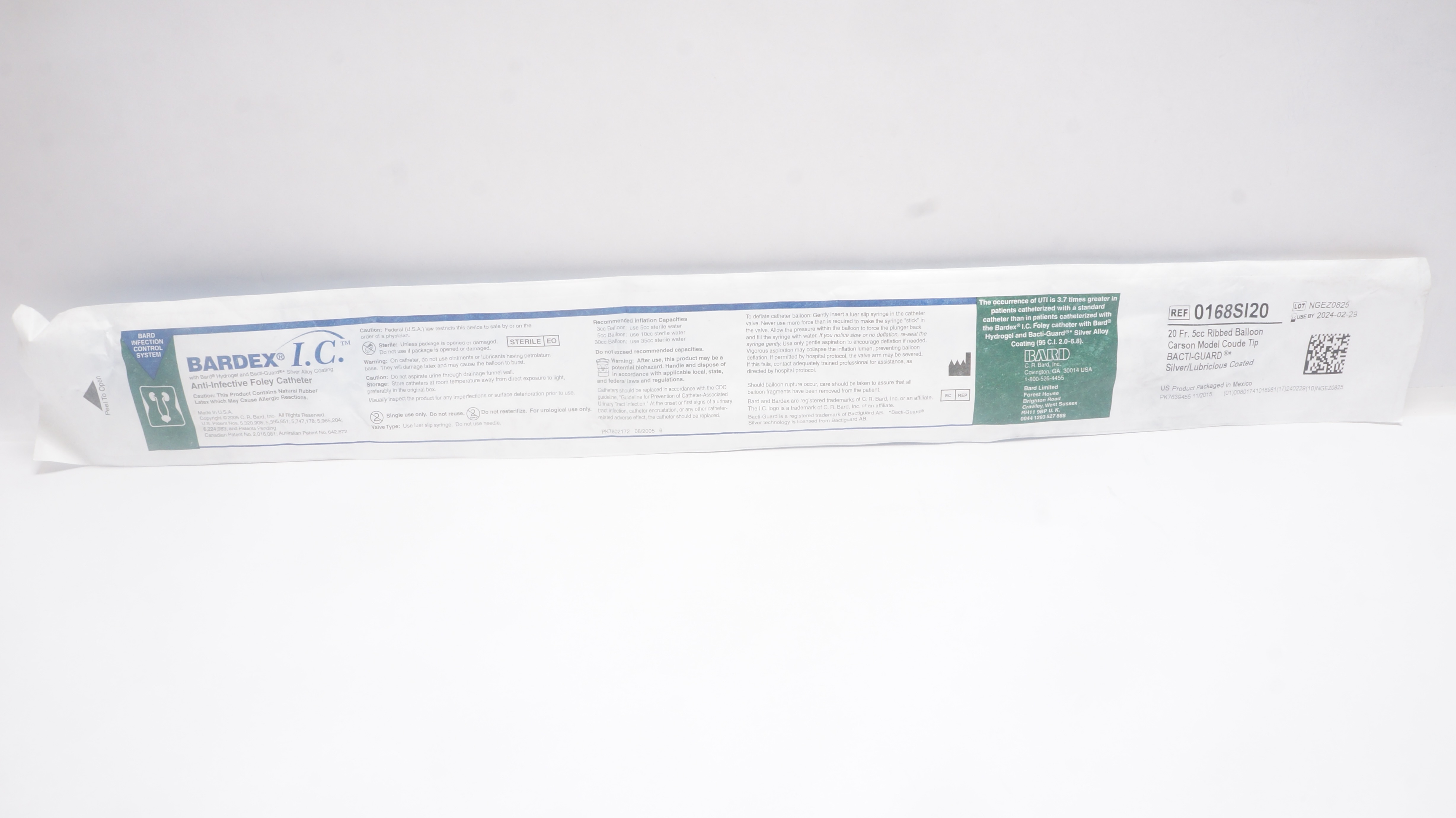 Bard 0168SI20 Bardex I.C. Anti-Infective Foley Cath. 20Fr 5cc Ribbed Balloon (x)