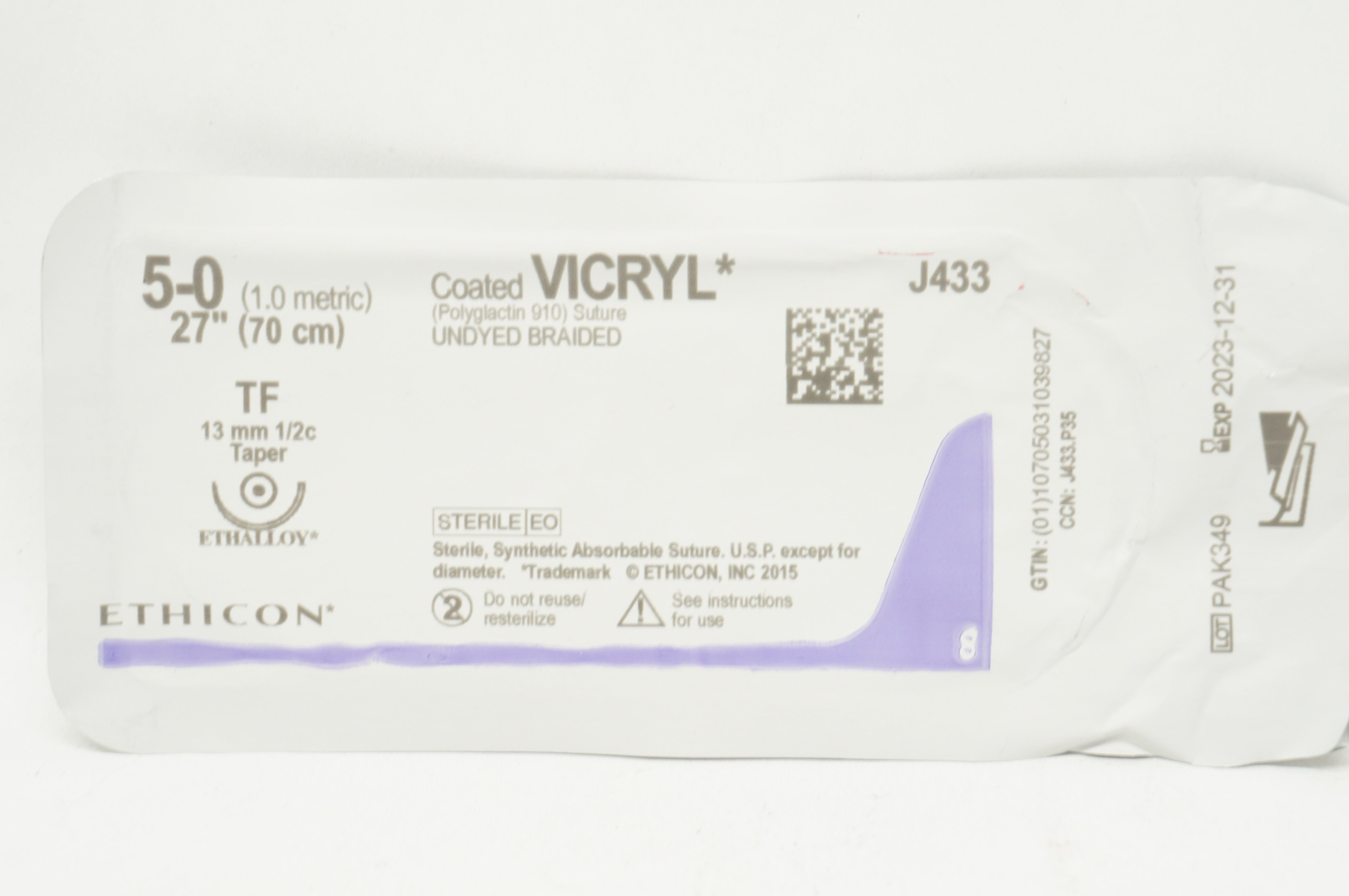 Ethicon J433 5-0 Coated Vicryl Stre Undyed Braided TF 13mm 1/2c Taper, 27 inch