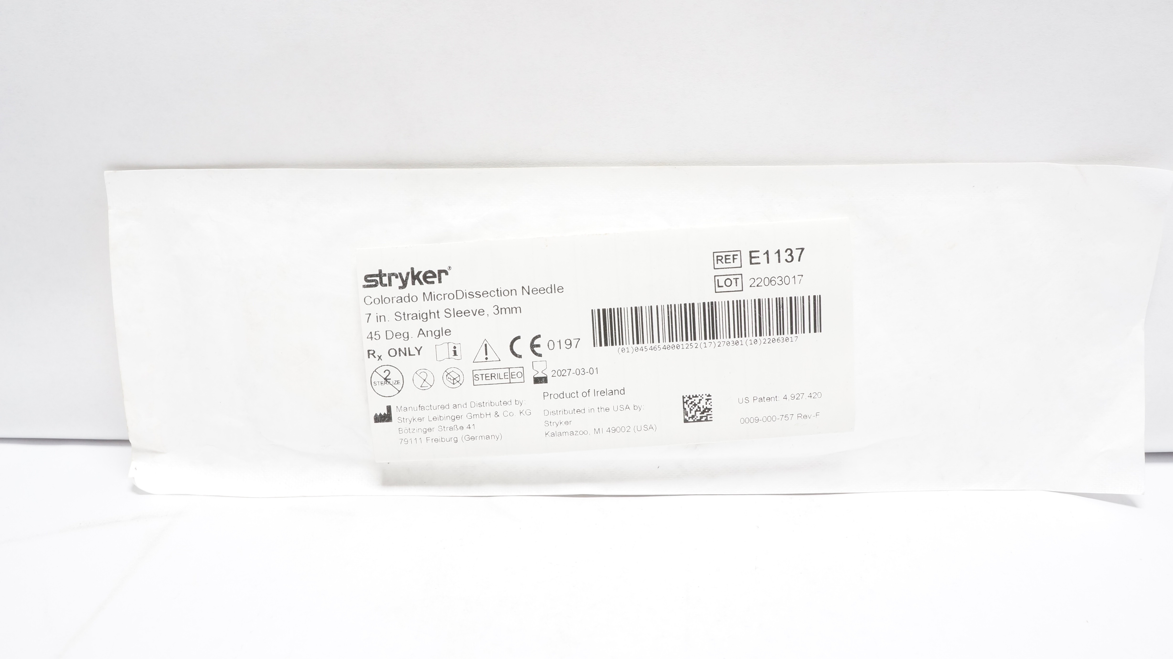 Stryker E1137 Colorado MicroDissection Needle 7In Straight Sleeve,3mm 45° Angle