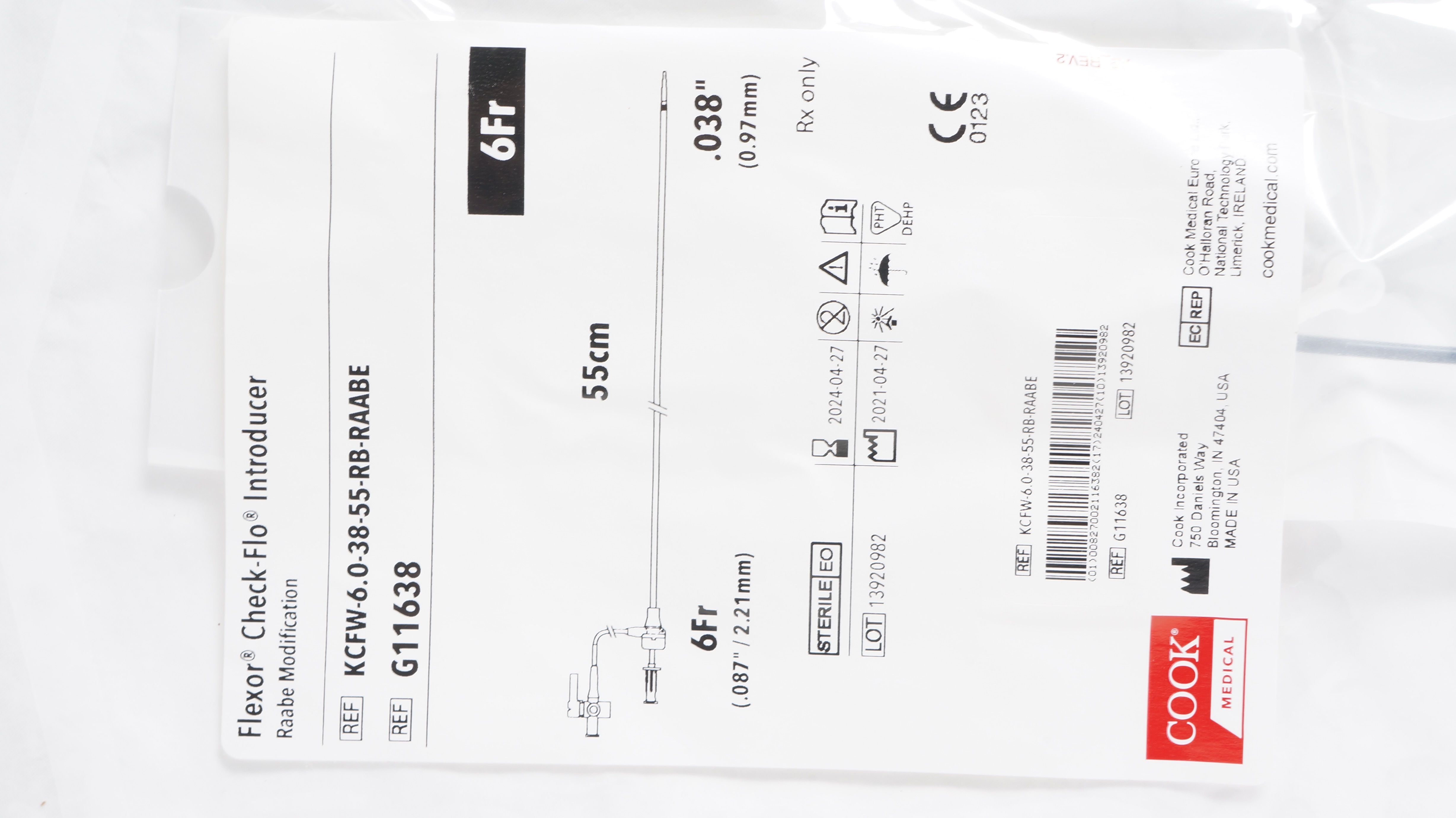 Cook Medical G11638 Flexor Check-Flo Introducer 6Fr x 55cm x .038inch