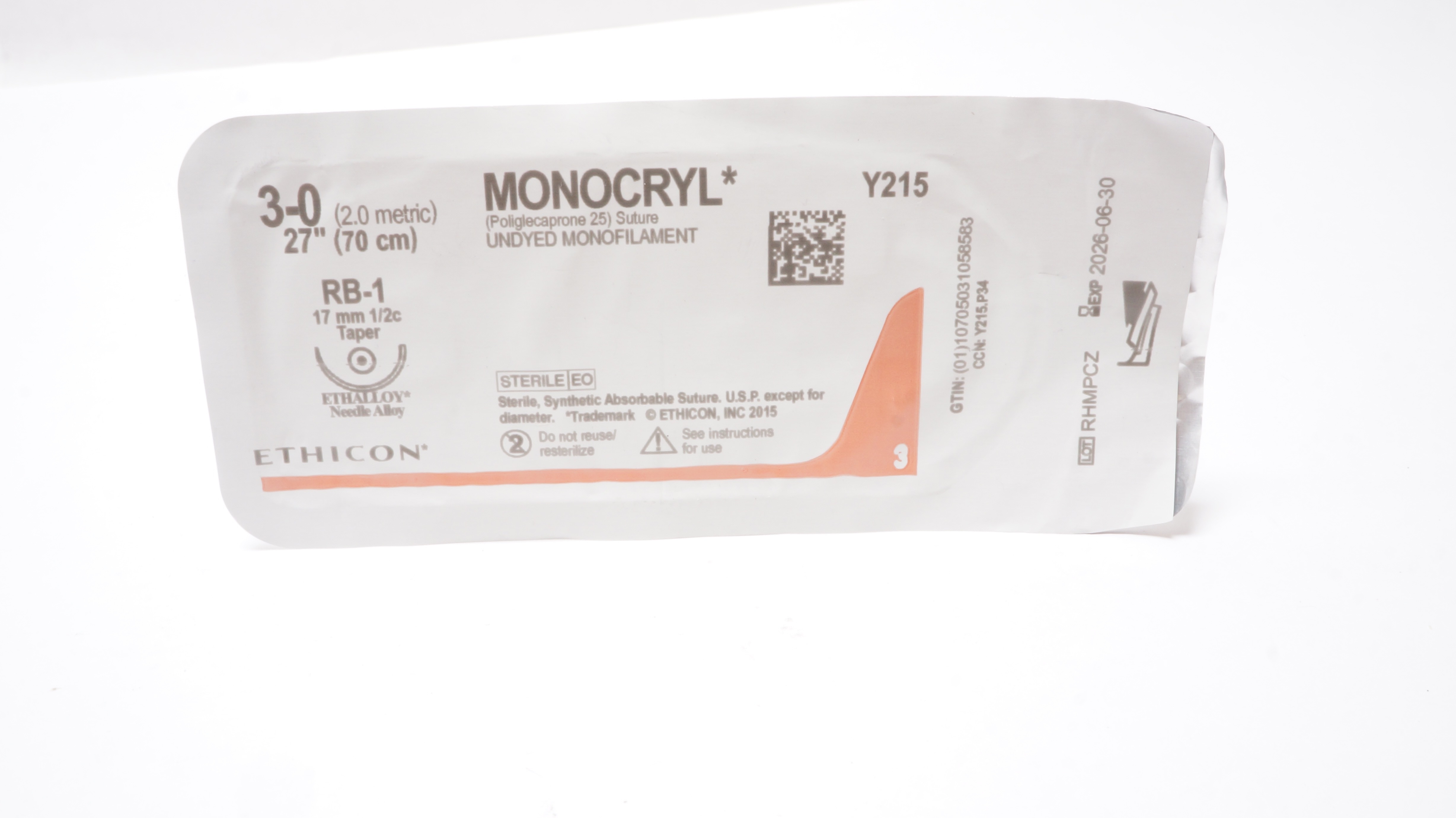 Ethicon Y215 3-0 MONOCRYL Poliglecaprone 25 Stre RB-1 17mm 1/2c Taper 27 in.