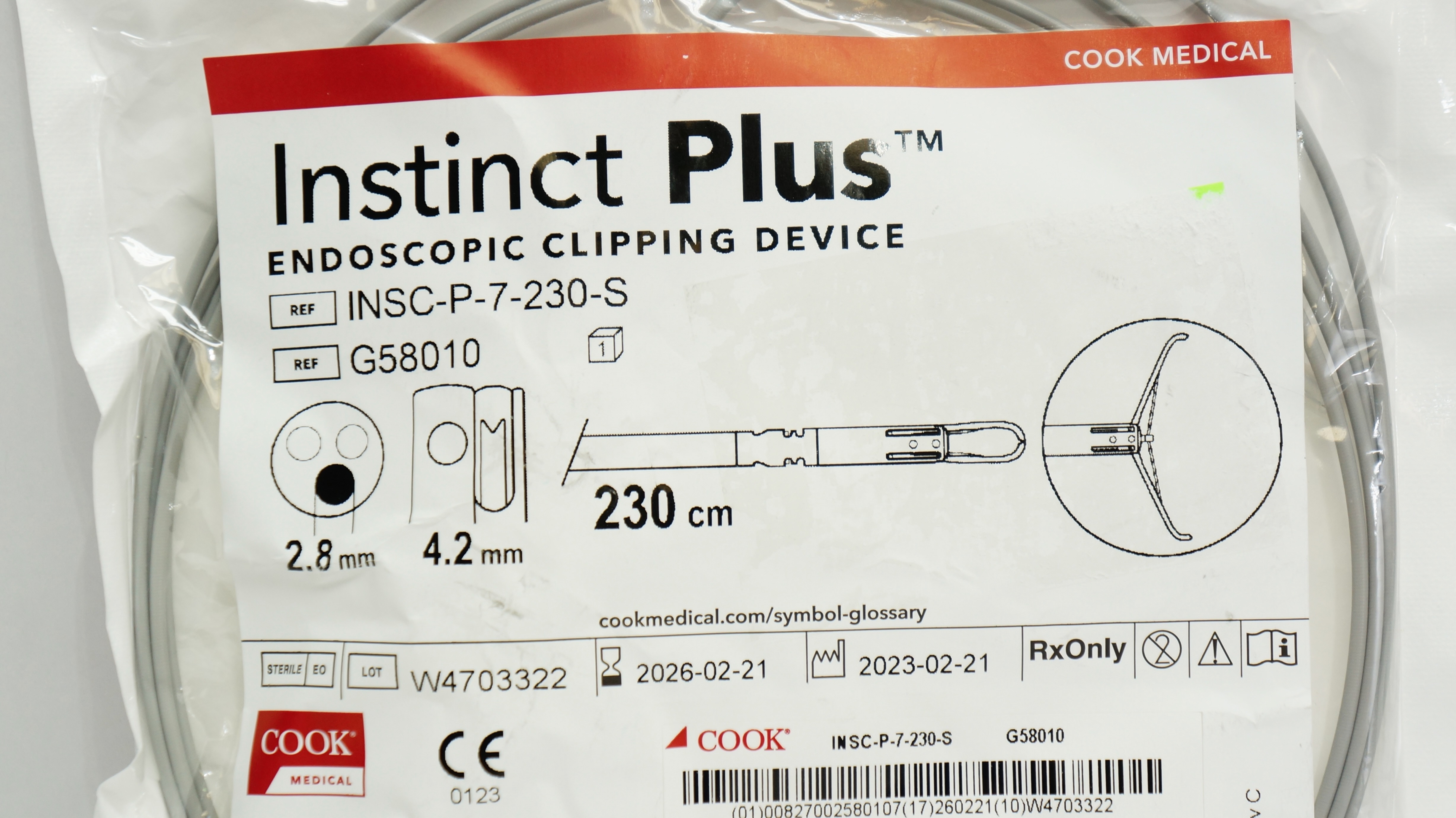 Cook Medical G58010 Instinct Plus Endoscopic Clipping Device 230cm x 2.8 x 4.2mm