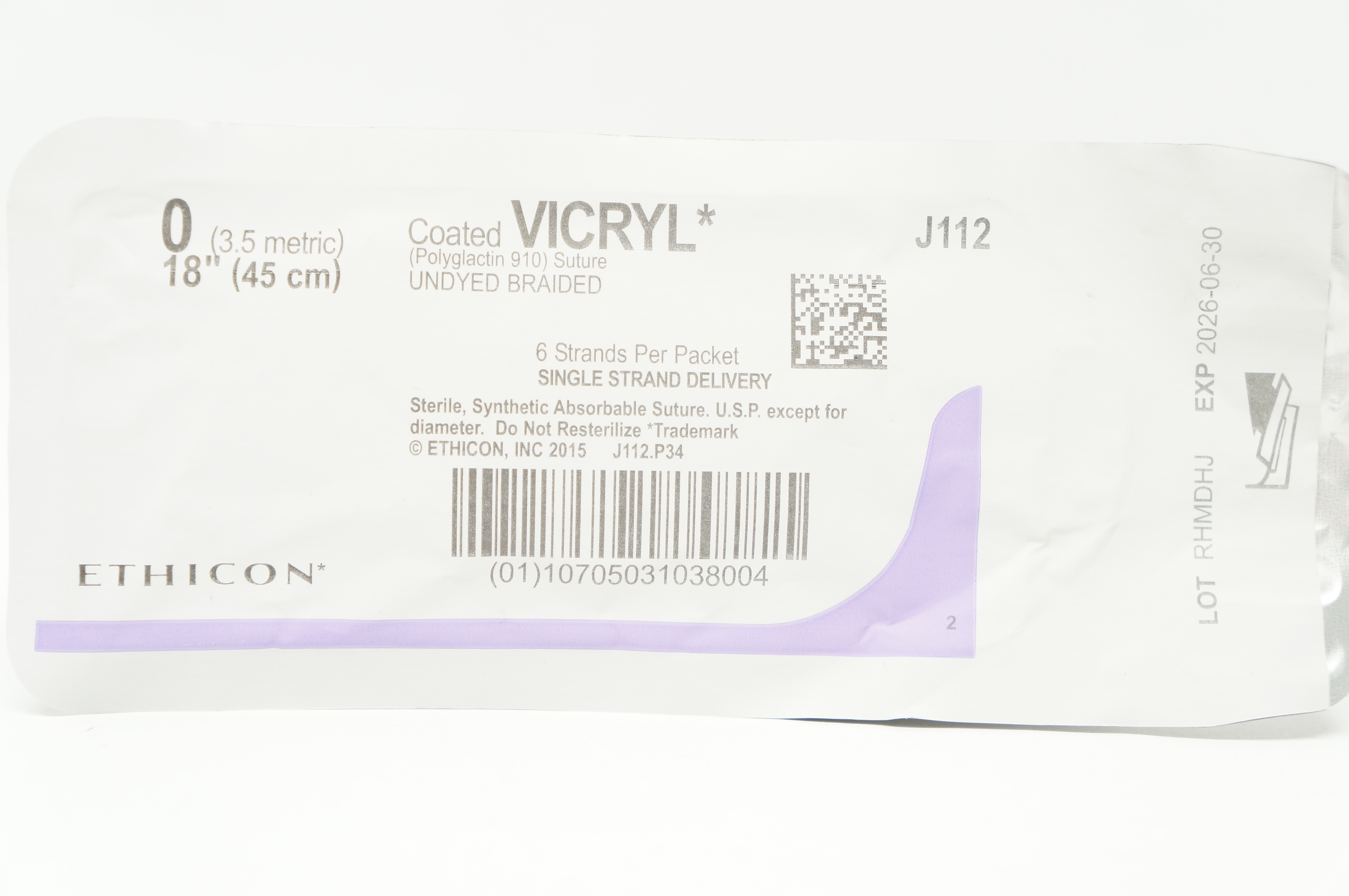 Ethicon J112 0 Coated VICRYL Stre Undyed Braided, 18inch