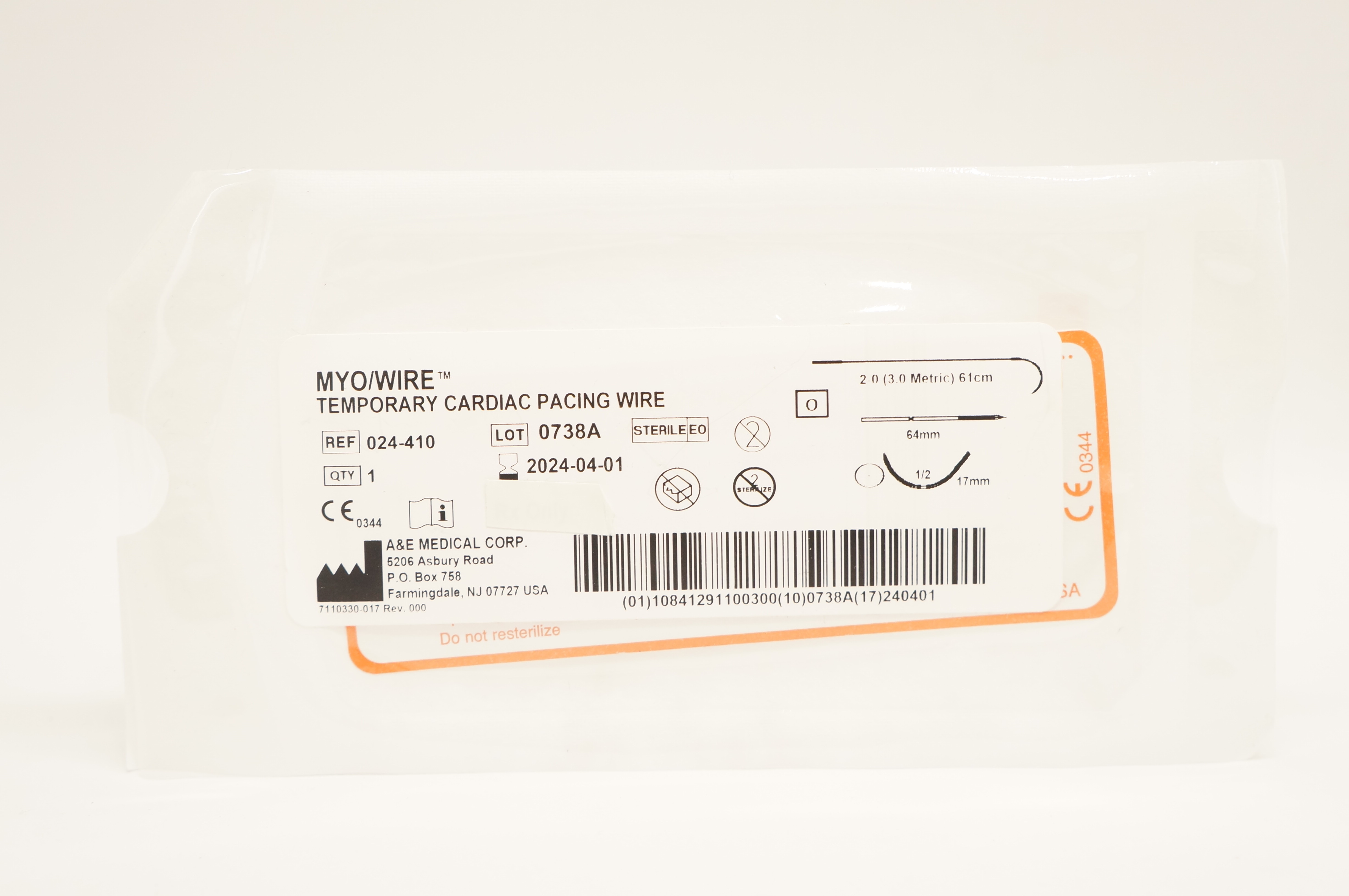 A&E Medical 024-410 2-0 MYO/Wire Temporary Cardiac Pacing Wire 64mm 1/2 17mm