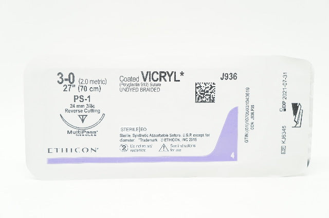 Ethicon J936 Coated Vicryl PS-1 24mm 3/8c Reverse Cutting, 27inch (x)