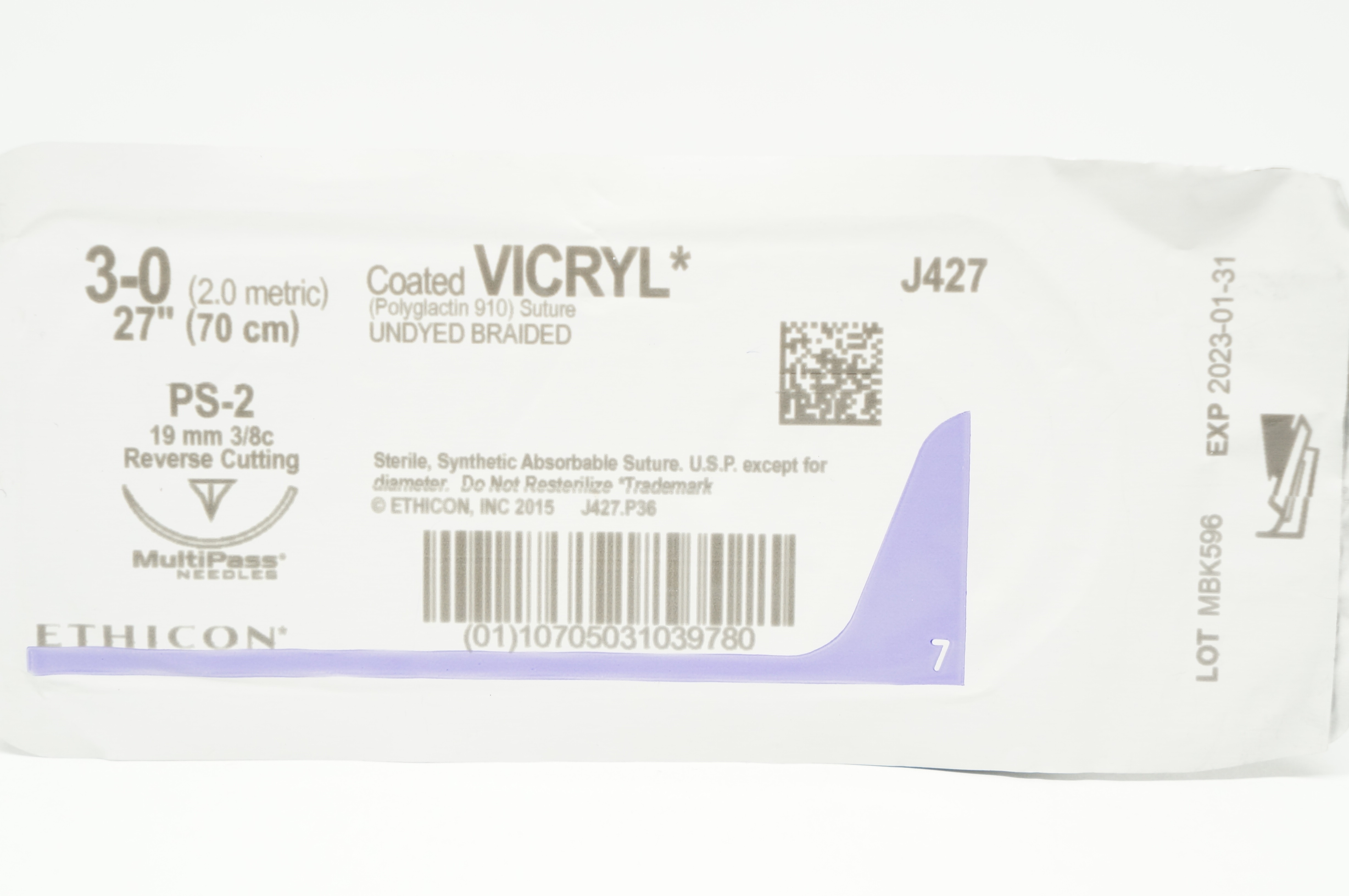 Ethicon J427 3-0 Coated VICRYL PS-2 19mm 3/8c Reverse Cutting 27inch