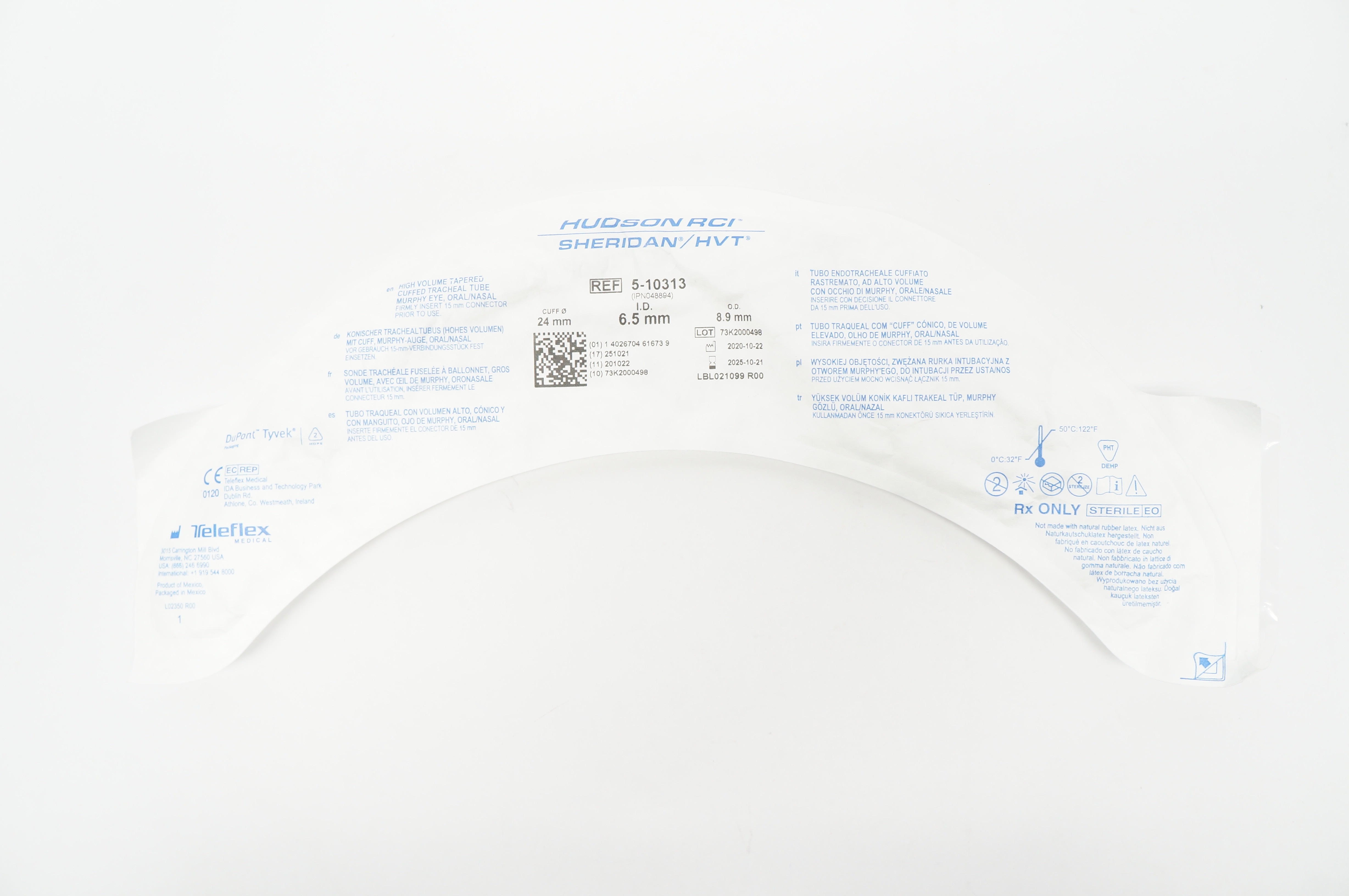 Teleflex 5-10313 HudsonRCI Sheridan HVT Cuffed Tracheal Tube 6.5IDx 8.9OD x 24mm