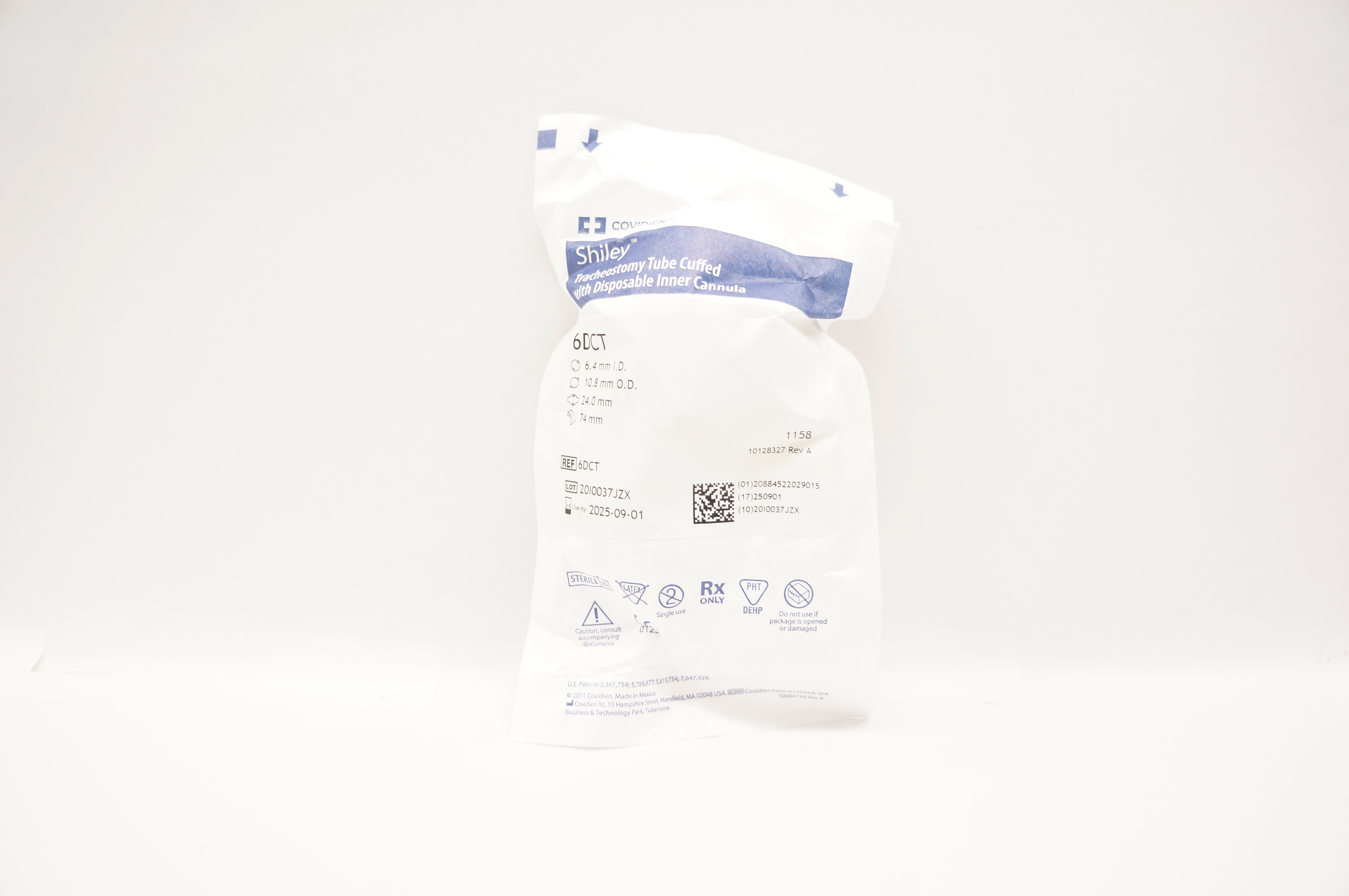 Covidien 6DCT Shiley Tracheostomy Tube Cuffed 6.4mm ID x 10.8mm OD x 24.0 x 74mm